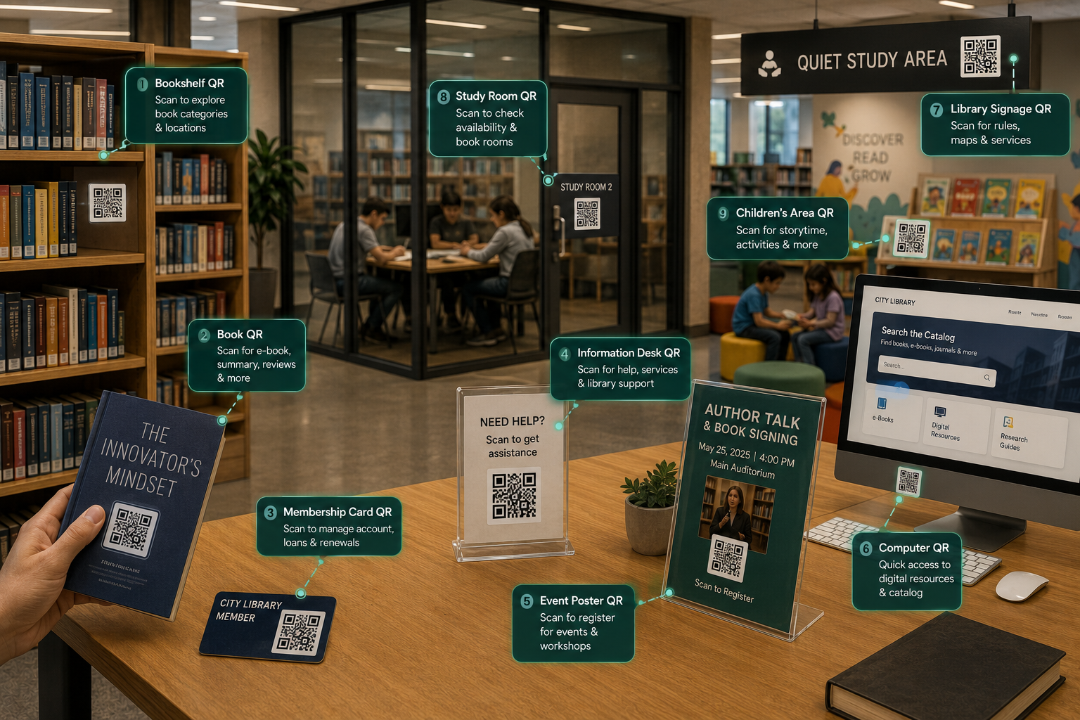 A premium library interior showing QR Codes placed on bookshelves, books, membership cards, study rooms, information desks, event posters, computers, children's reading areas, and library signage.