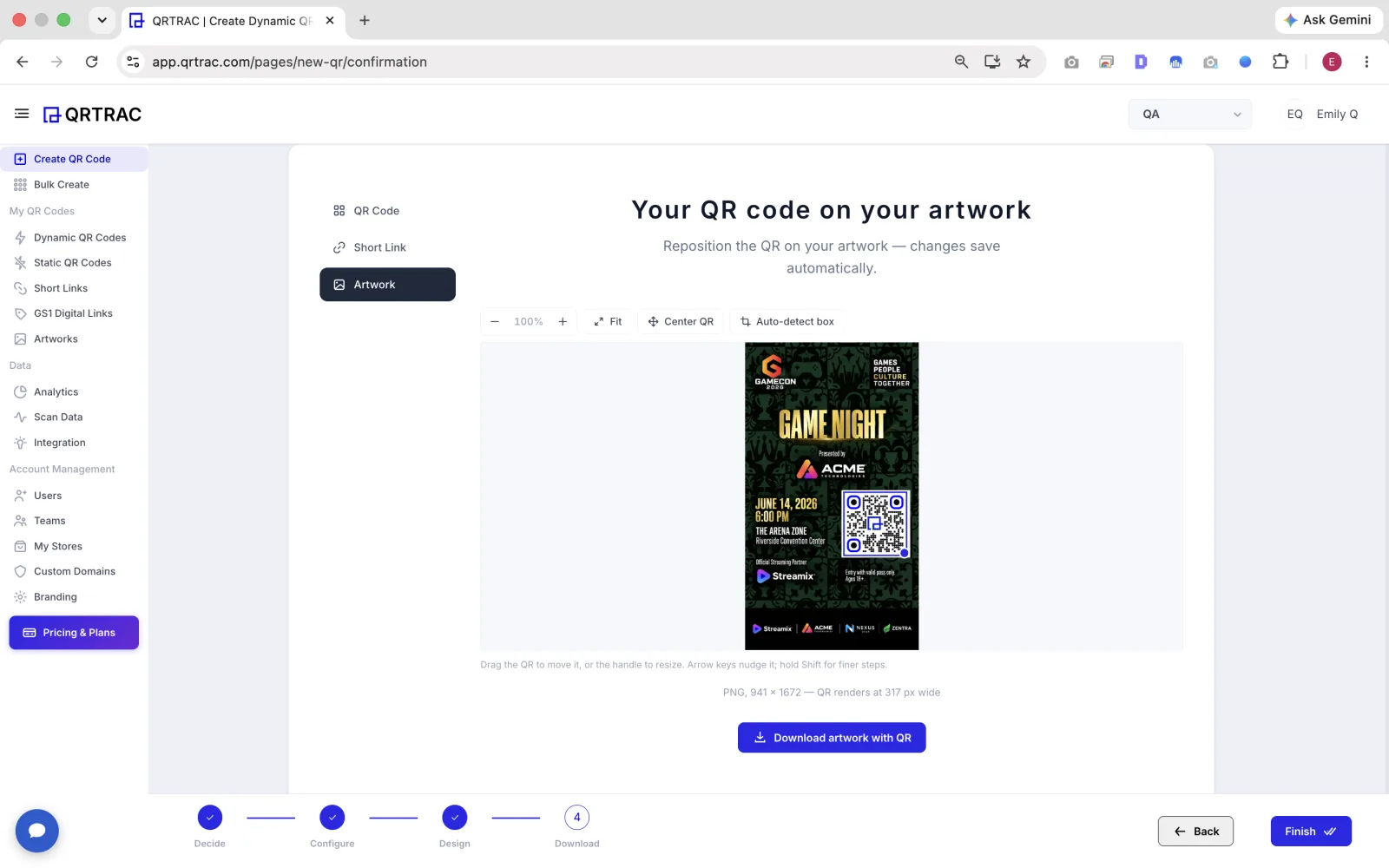 The QRTRAC artwork editor showing an event pass design for a game night, with a dynamic QR code placed in the white box beside the date and venue. Controls above the canvas offer zoom, Fit, Center QR and Auto-detect box, and a note below reports the artwork size and how wide the QR code renders.