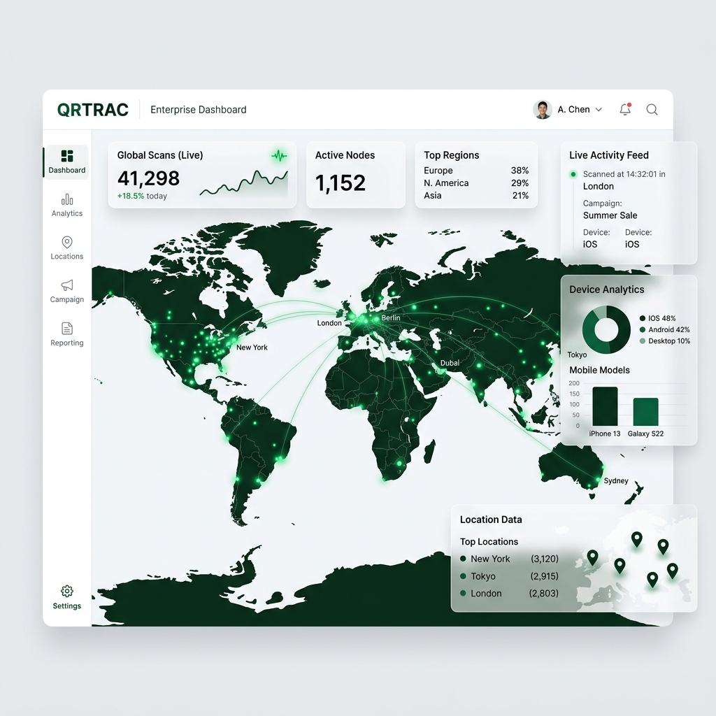 QRTRAC Enterprise Dashboard Mockup showing global scan locations and live telemetry
