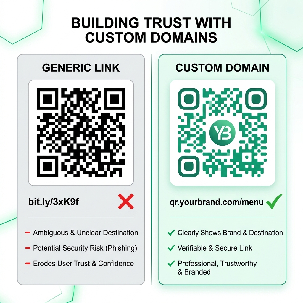 Comparison: Generic short link QR code vs custom domain branded QR code showing trust difference