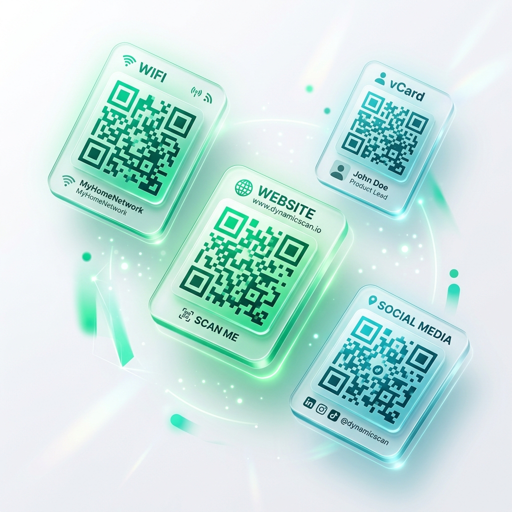 A collection of dynamic QR codes floating with a modern glassmorphism design