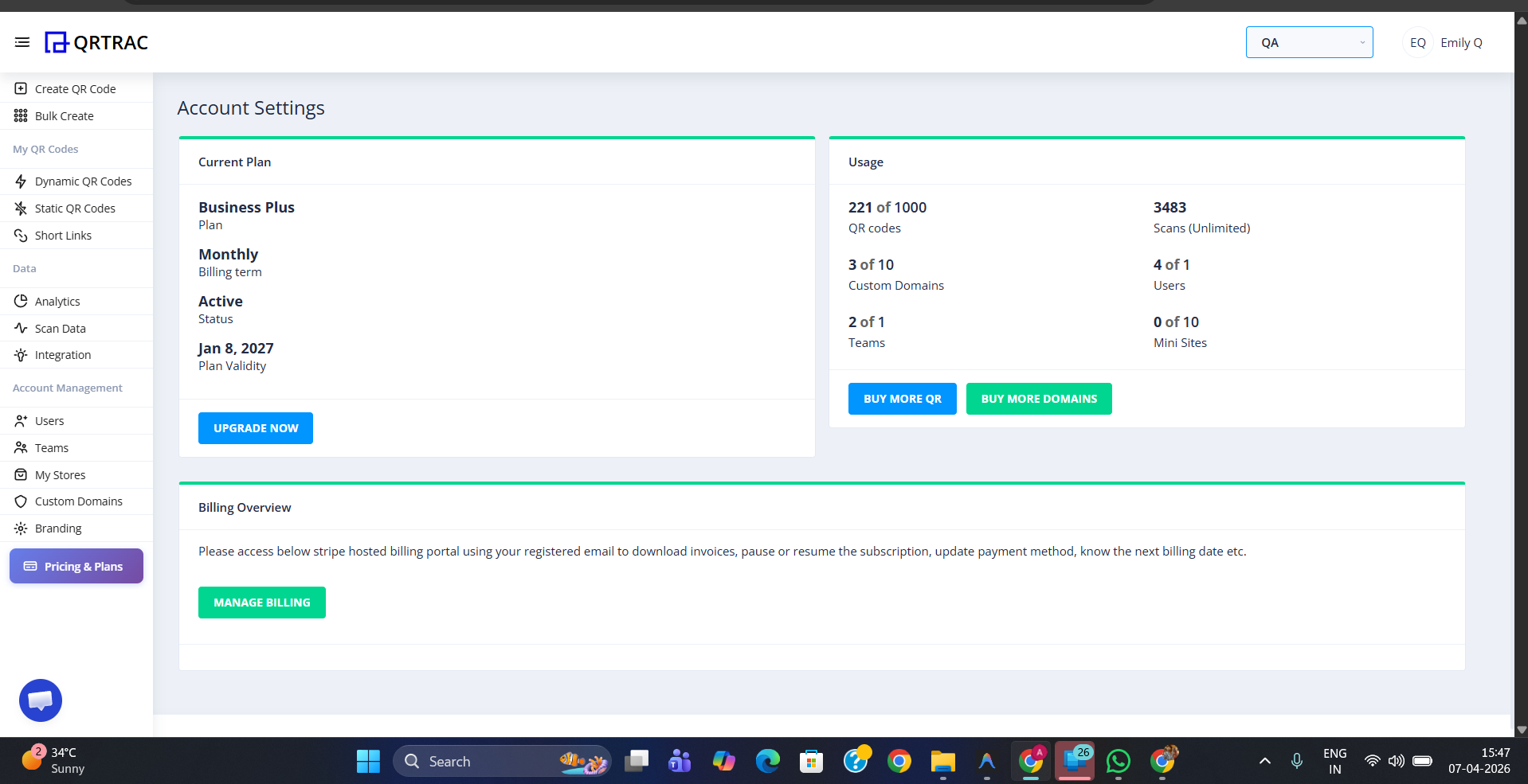 Account Settings page showing Current Plan, Usage counters, and Billing Overview sections