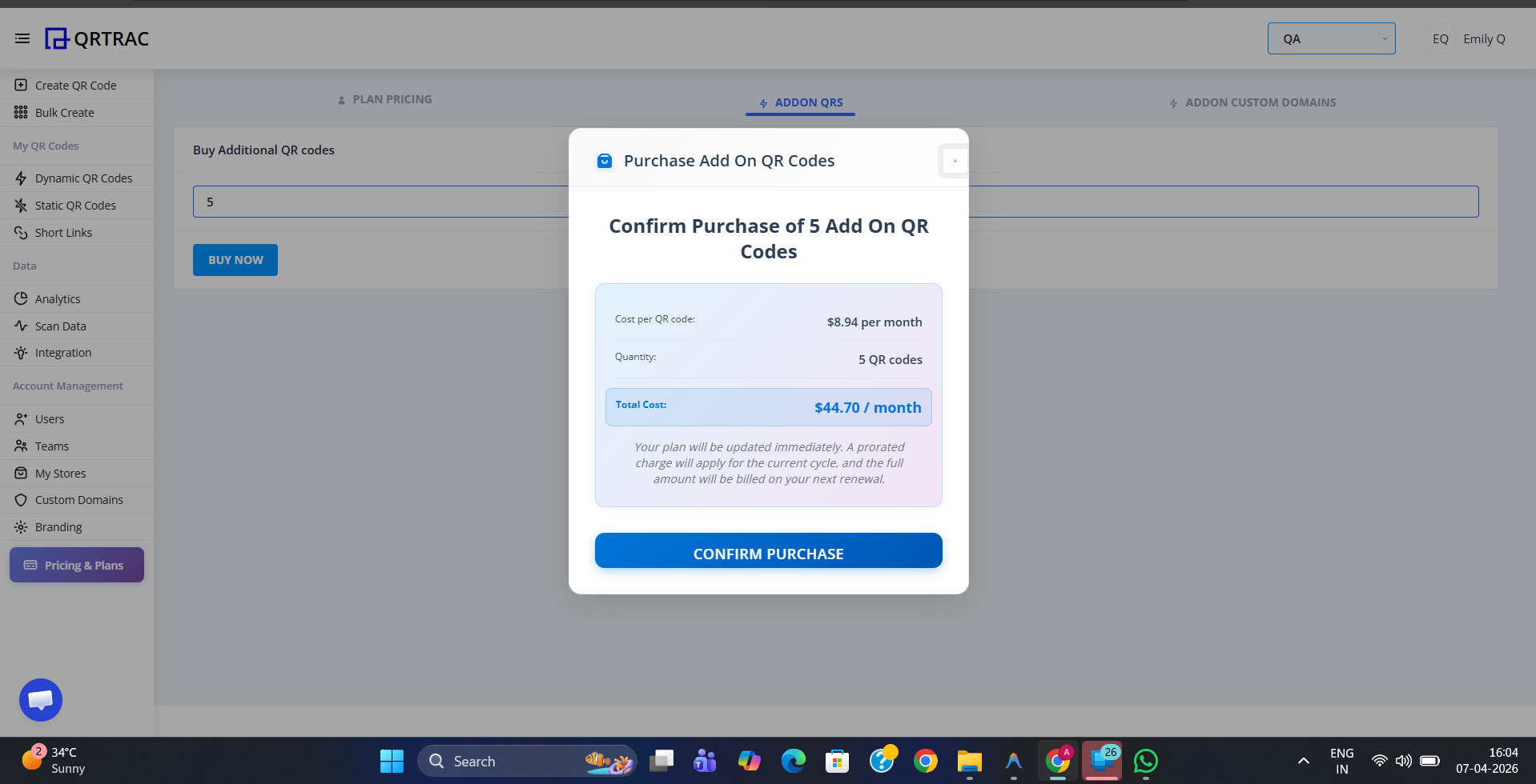 Buy More QR Codes page with quantity input and a confirmation modal showing the purchase summary and Confirm Purchase button
