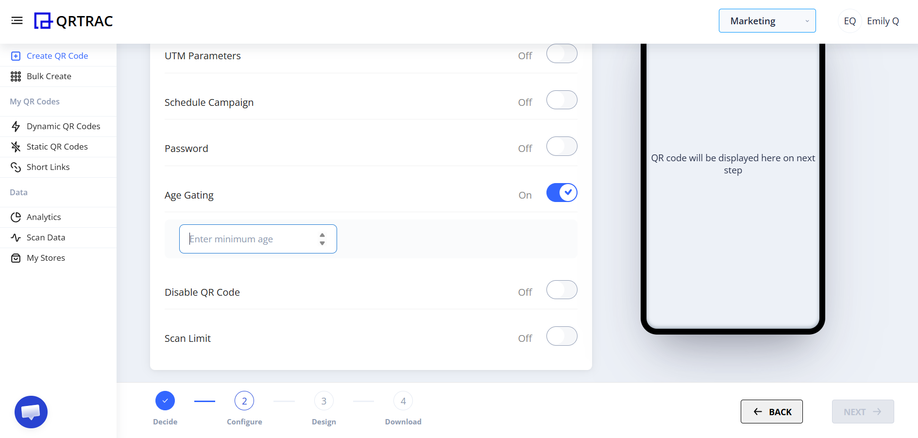 Minimum Age setting field for age-restricted QR codes