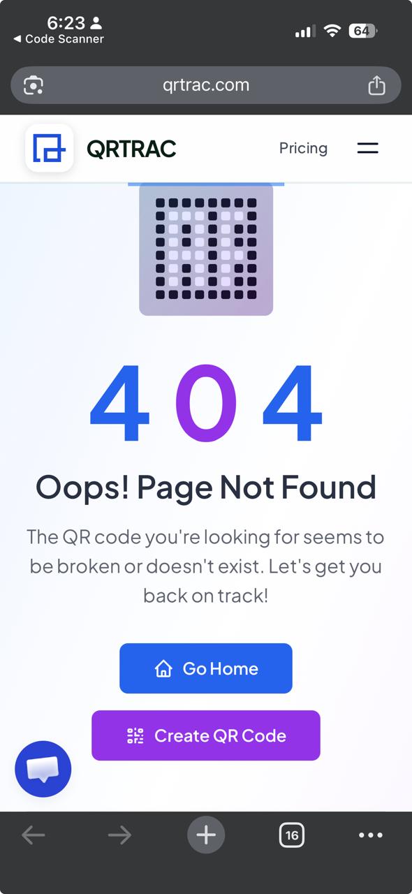 Mobile screen showing QRTRAC 404 Oops Page Not Found message after scanning a disabled QR code