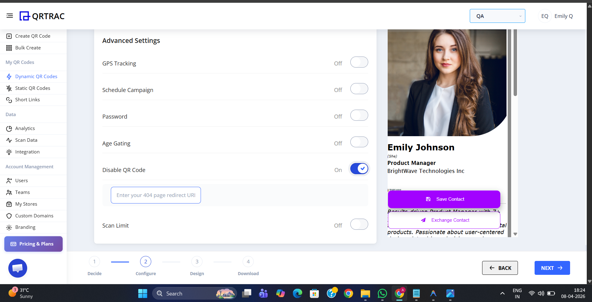 QRTRAC Advanced Settings panel with Disable QR Code toggle switched ON and empty redirect URL field below
