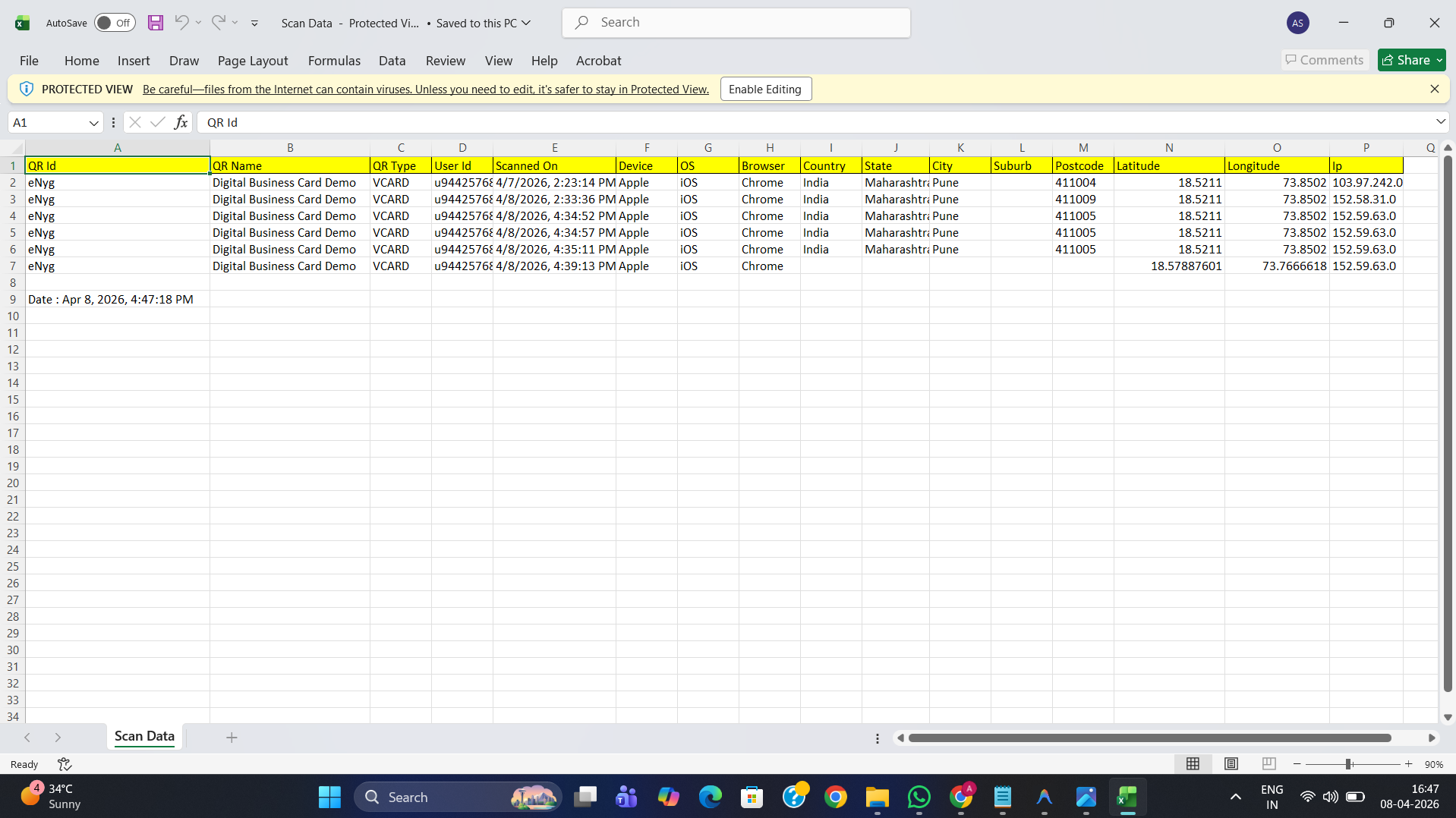 Excel export of QRTRAC scan data showing Latitude and Longitude columns alongside City, State, Country and device details