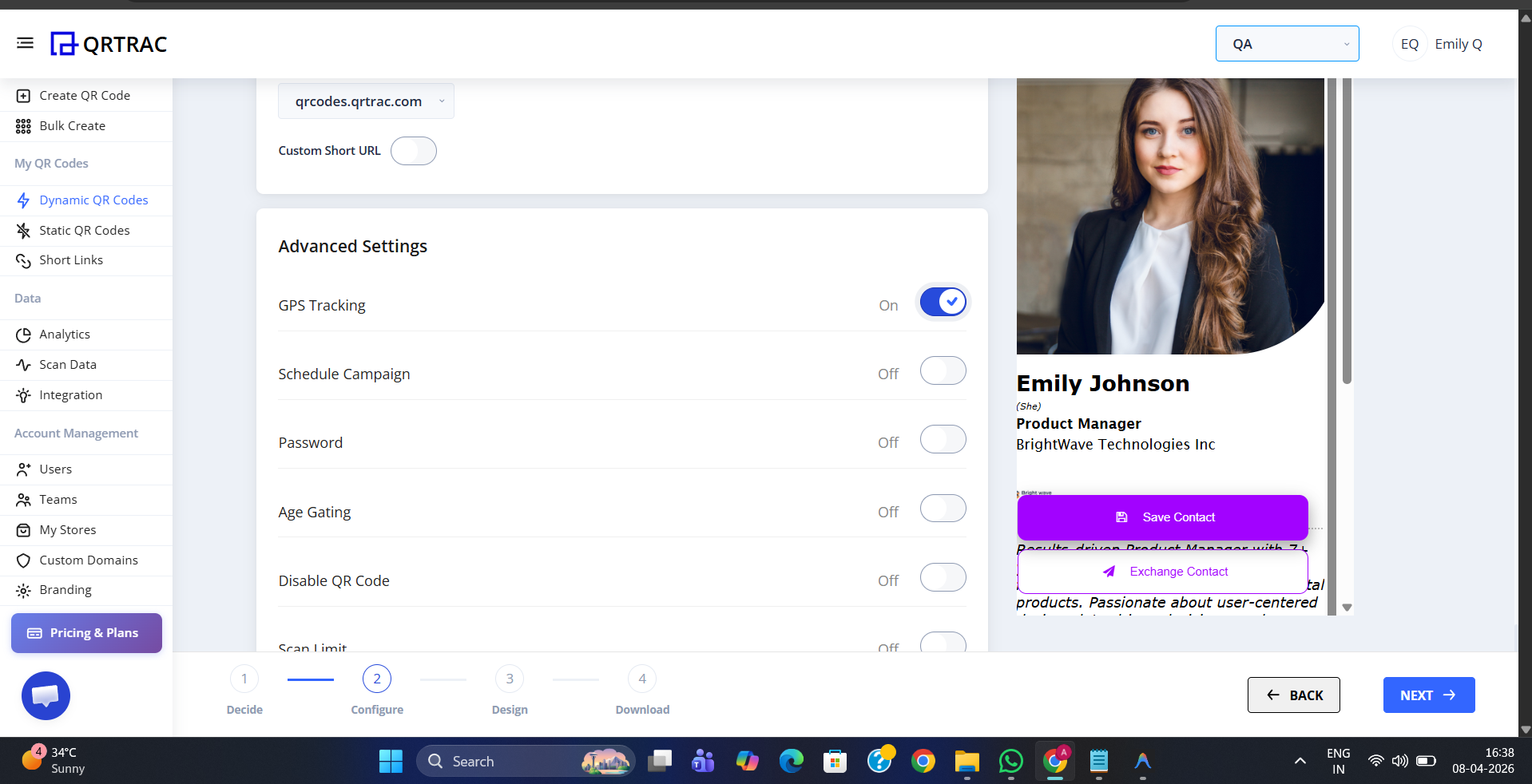QRTRAC Advanced Settings panel with GPS Tracking toggle switched ON