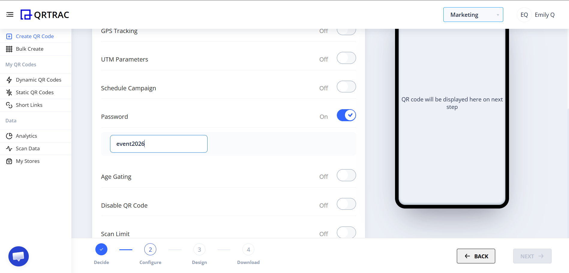 QRTRAC Advanced Settings with the password field filled in with an example password