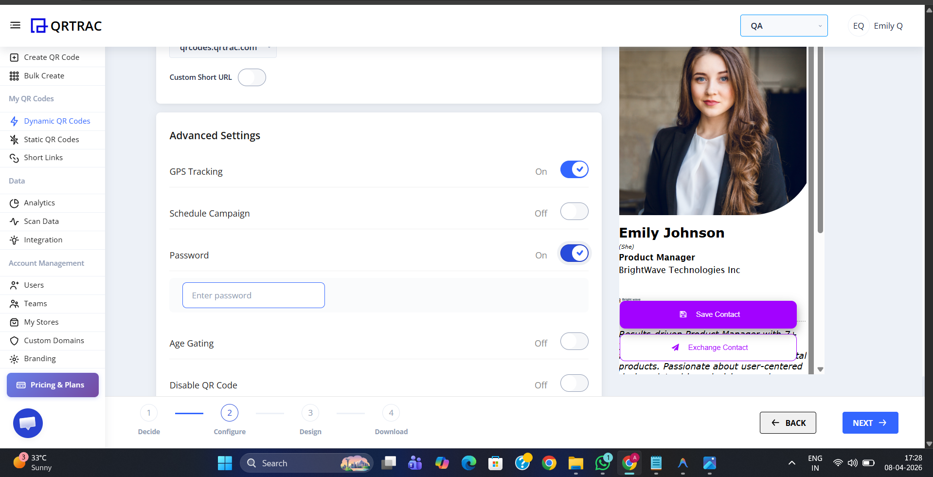 QRTRAC Advanced Settings panel with Password toggle switched ON and Enter Password field visible below