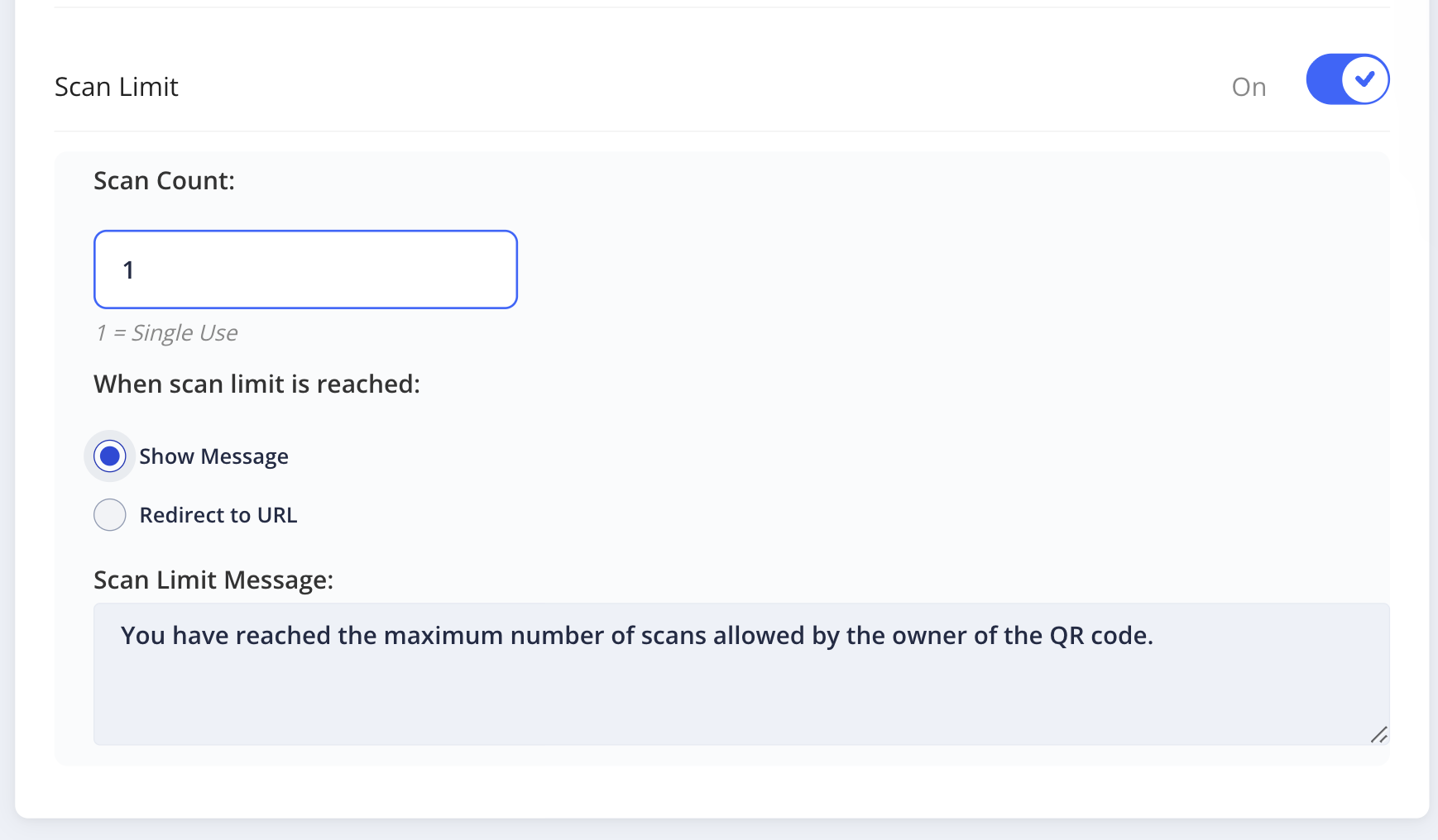 Advanced Settings showing Password On with code and Scan Limit On with count set to 1