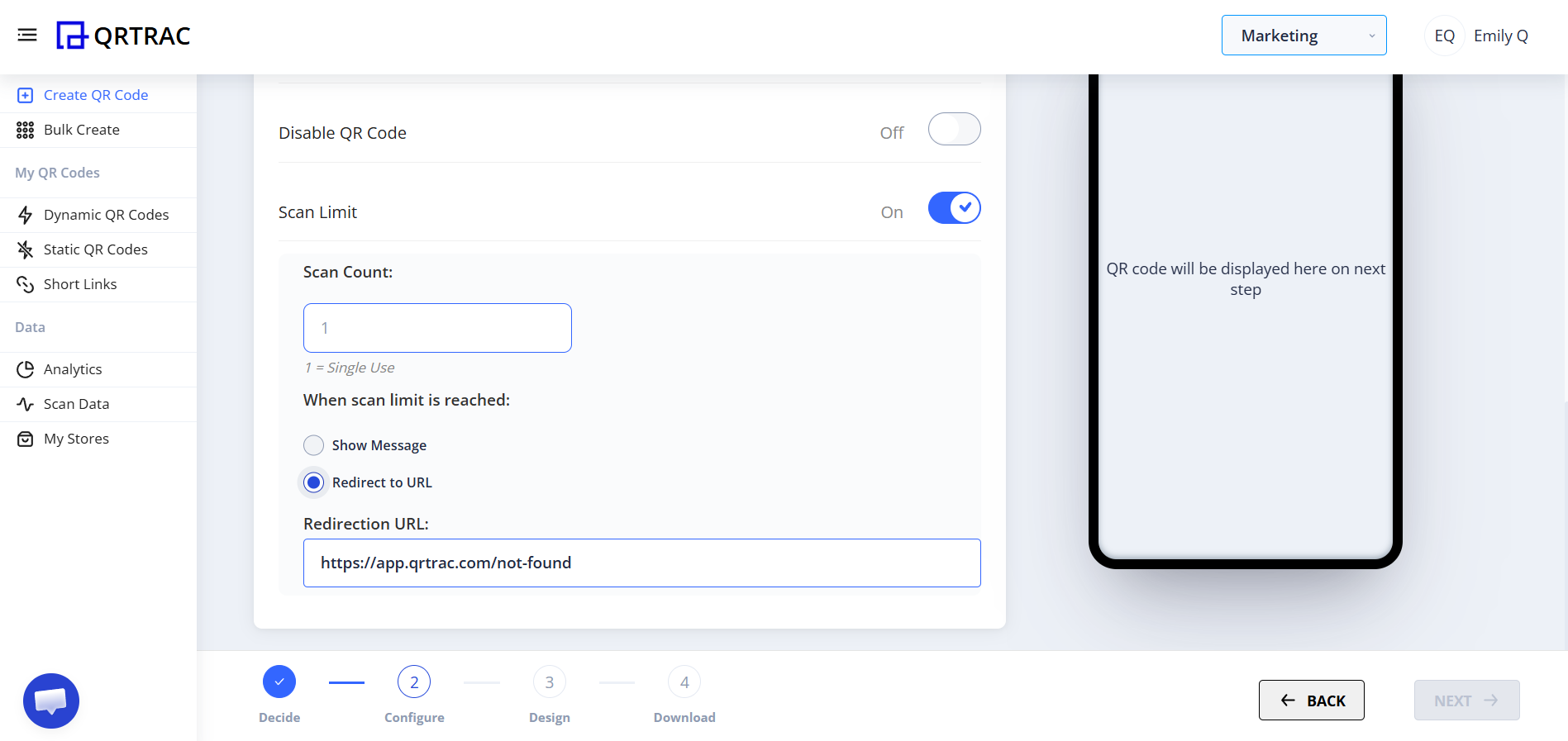 QRTRAC Scan Limit settings with Redirect to URL option selected and a redirection URL entered in the field