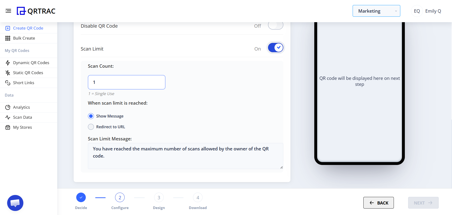 QRTRAC Scan Limit settings with Show Message option selected and custom message text visible in the Scan Limit Message field