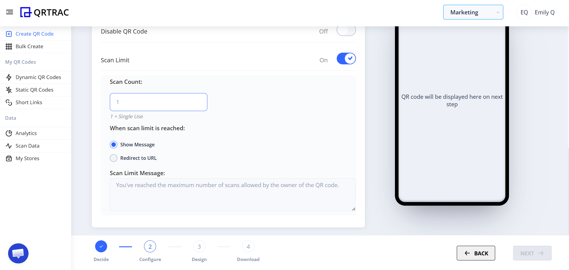 Advanced Settings panel showing Scan Limit toggled Off