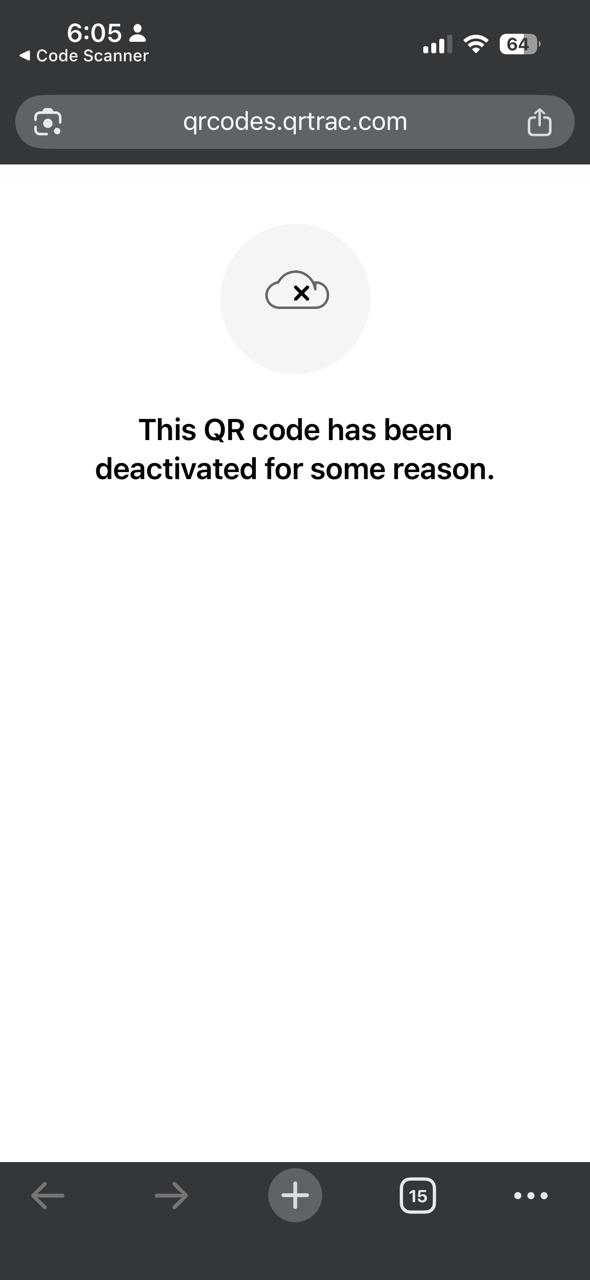 Mobile screen showing 'This QR code has been deactivated for some reason' message after campaign end date has passed