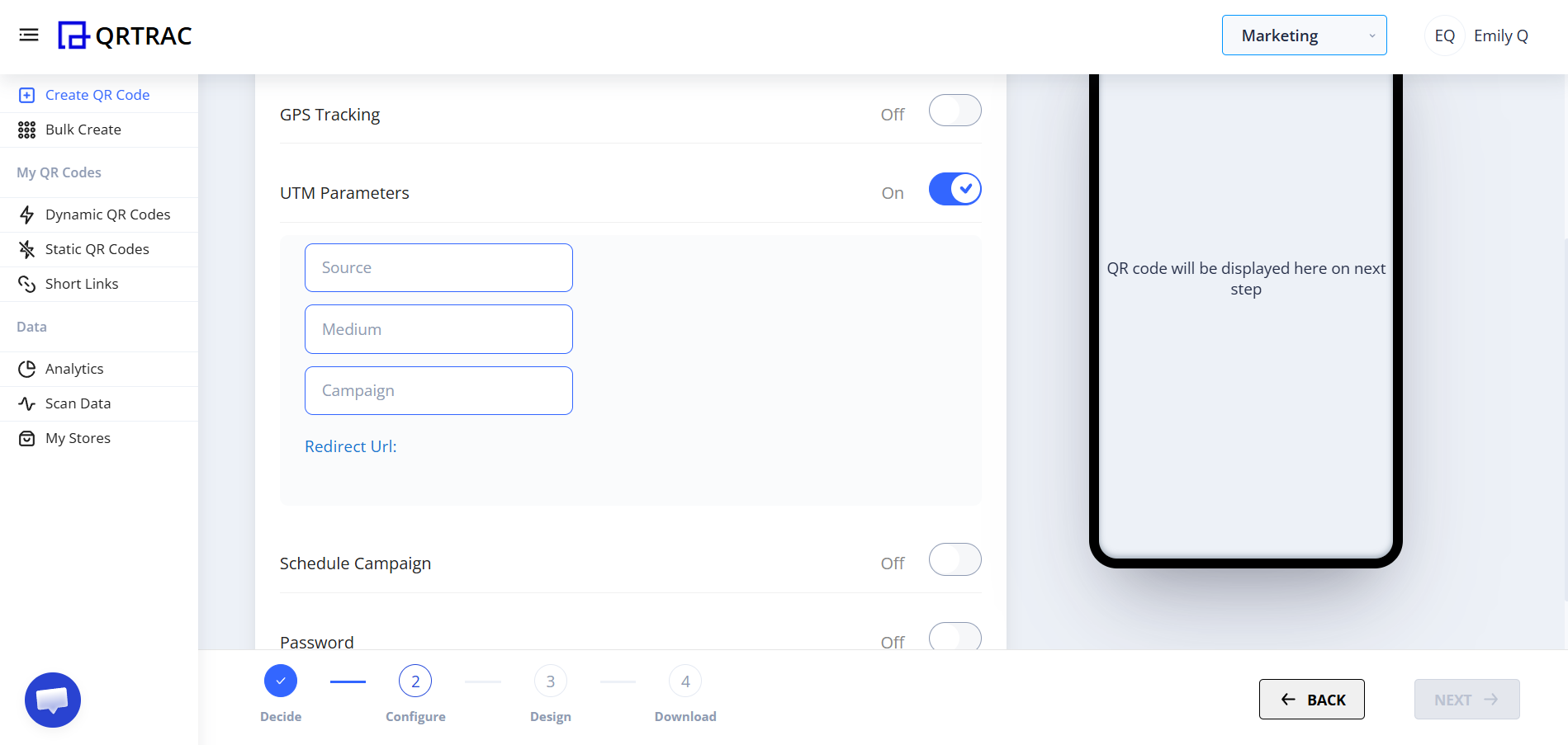 UTM Parameters fields in Advanced Settings — Source, Medium, Campaign, Redirect URL