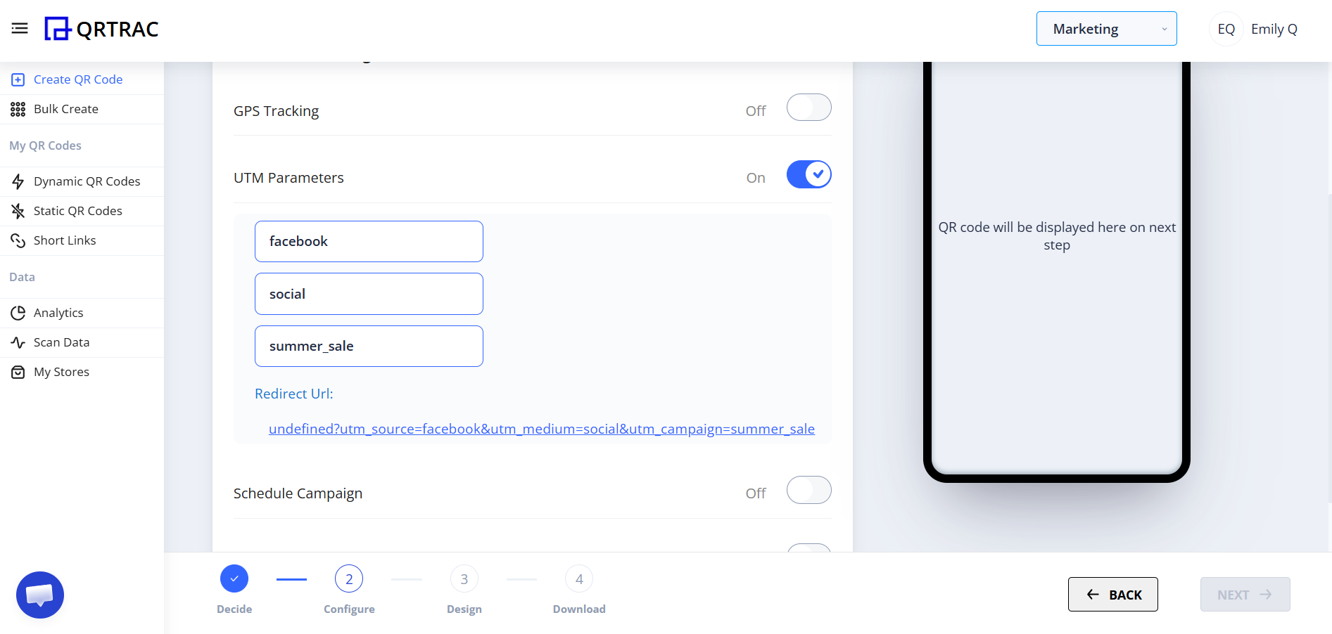 QRTRAC UTM Parameters fields filled in — Source: facebook, Medium: social, Campaign: summer_sale with generated UTM URL shown below