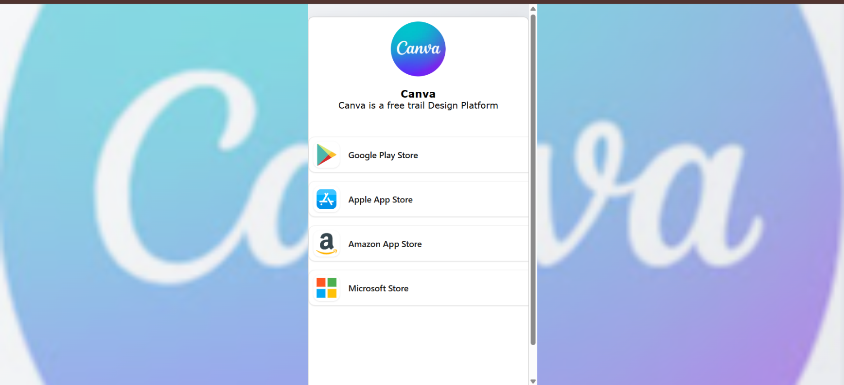 Example app download landing page showing store buttons for Google Play, Apple App Store, Amazon, and Microsoft