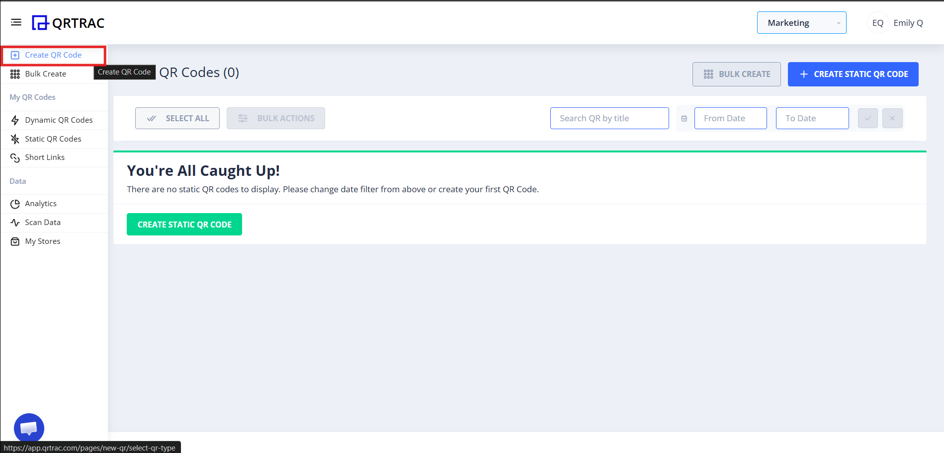 QRTRAC dashboard with Create QR Code button highlighted