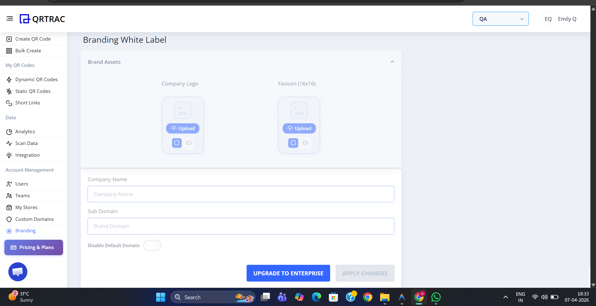 QRTRAC Branding White Label page showing Company Logo and Favicon upload areas, Company Name and Sub Domain fields, a Disable Default Domain toggle, and Upgrade to Enterprise and Apply Changes buttons