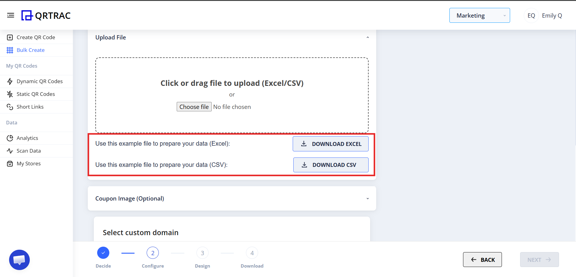 Download Excel and Download CSV buttons