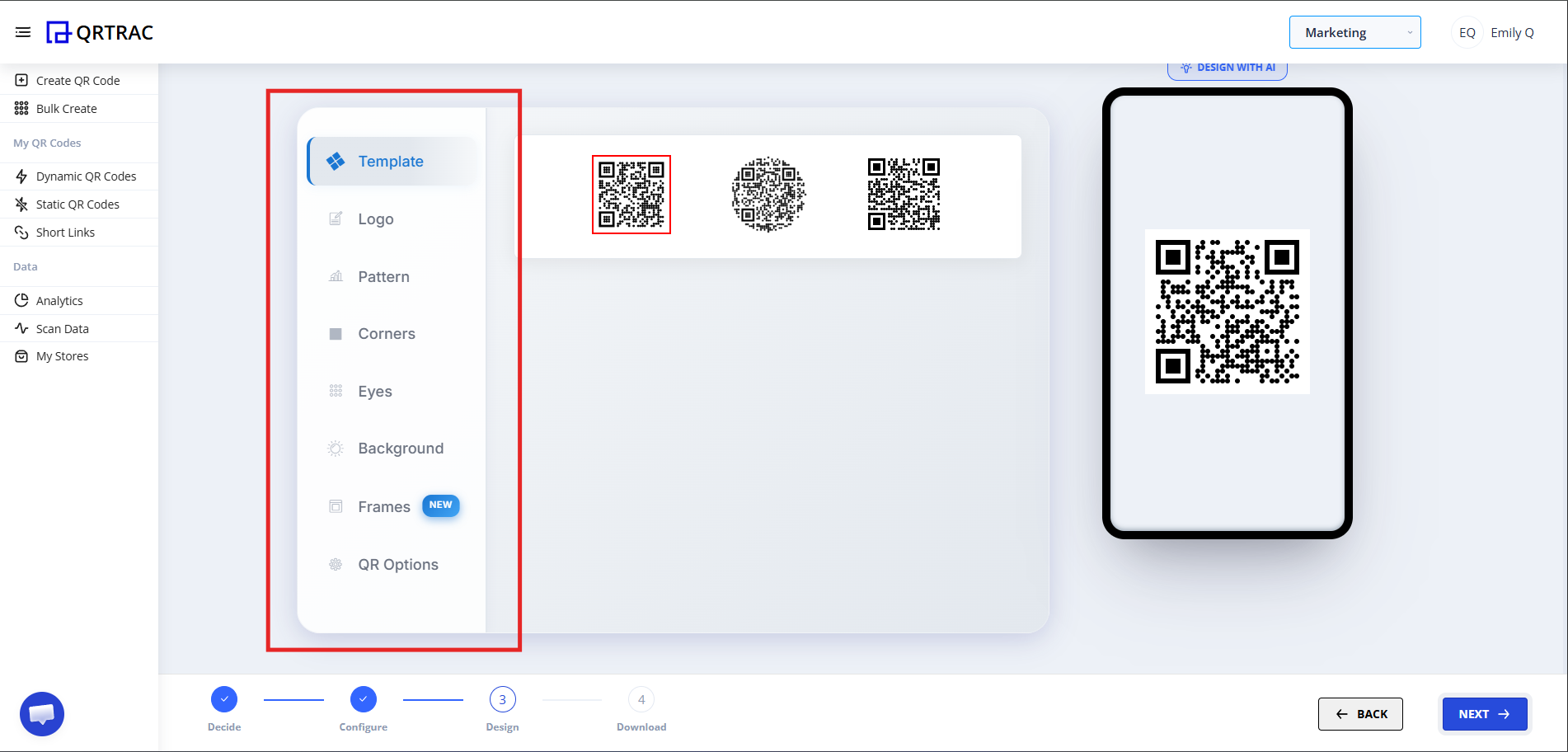 QR design screen