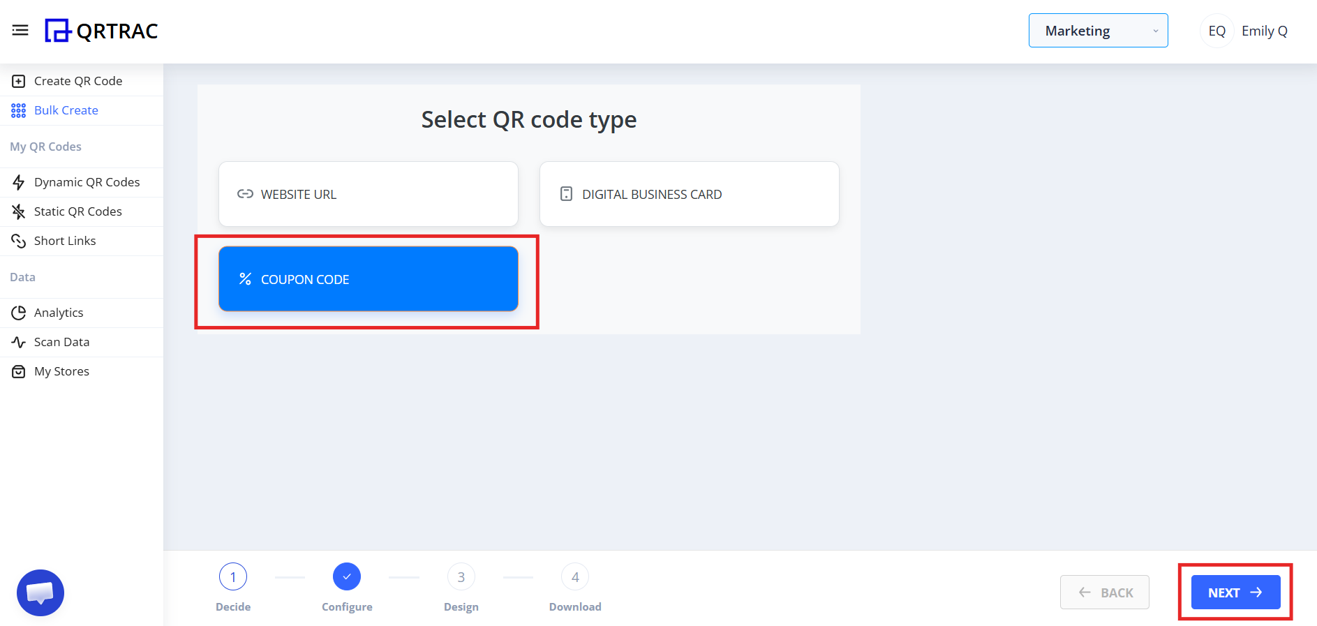 Coupon QR type selected in QRTRAC