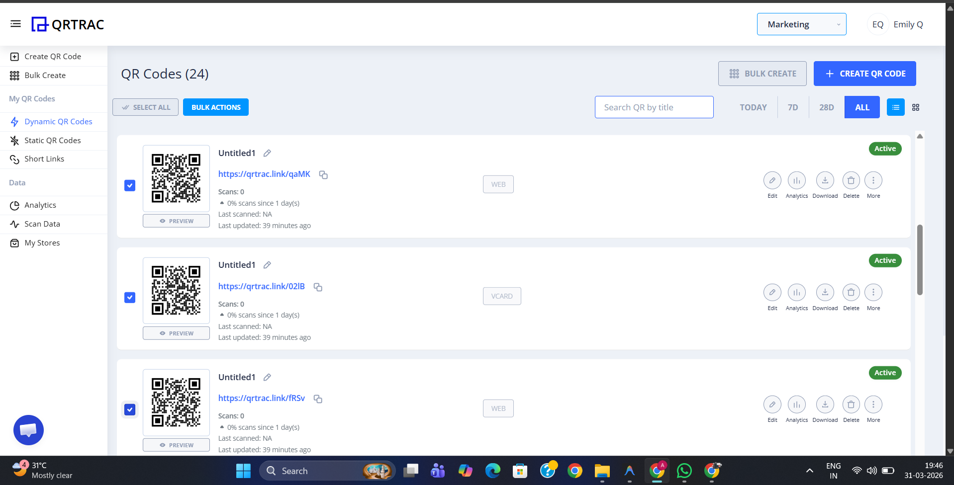 Dashboard showing multiple QR codes selected with checkboxes