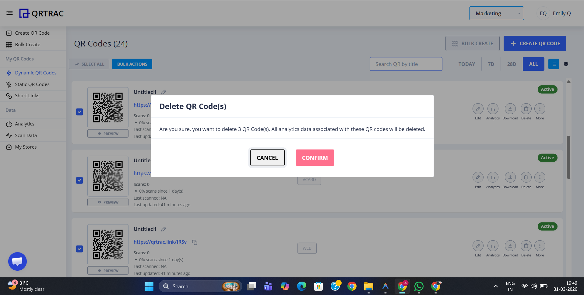 Confirmation modal for bulk deletion warning about data loss