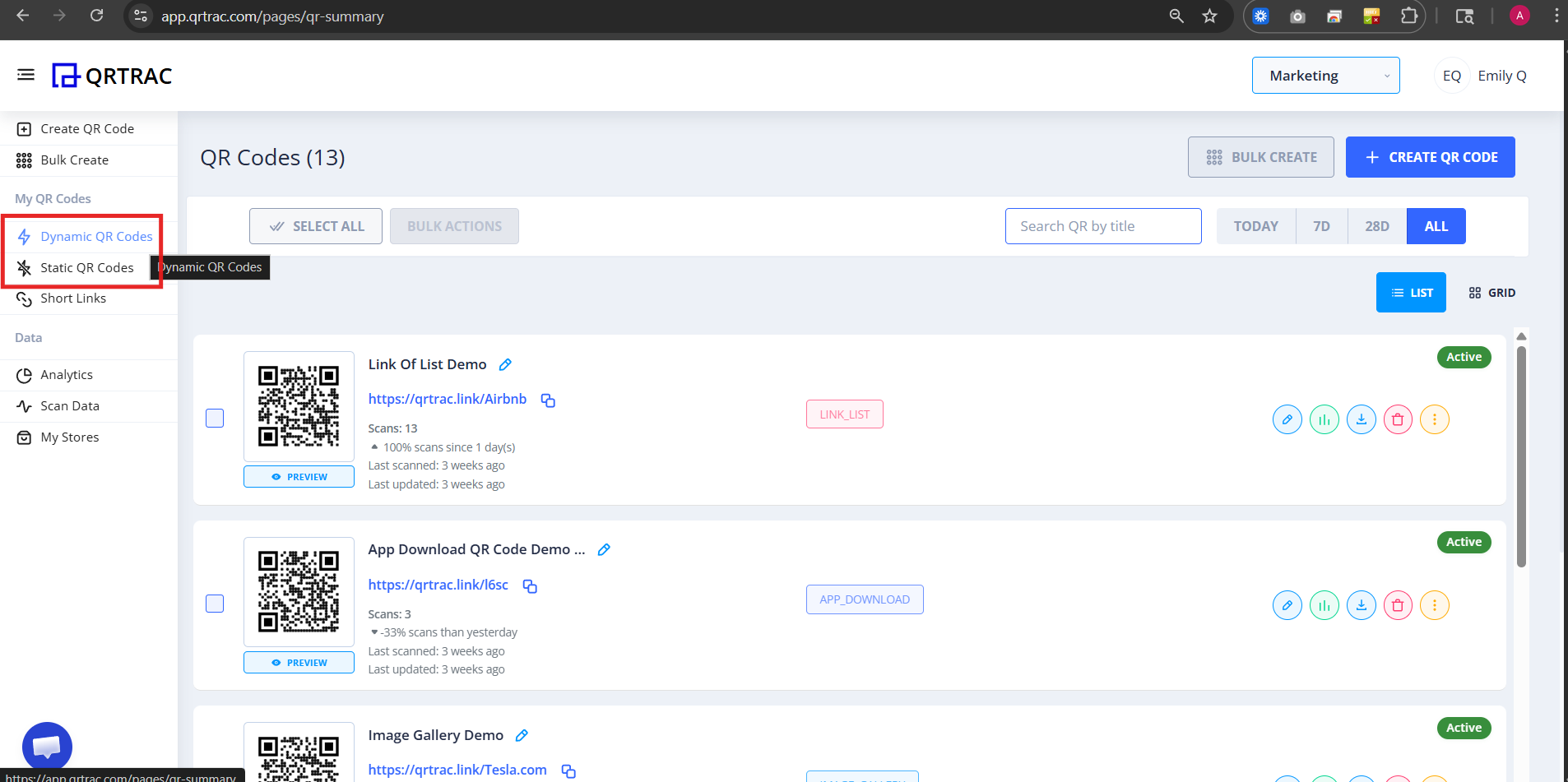 QRTRAC dashboard showing the QR Codes list with Dynamic QR Codes selected in the sidebar