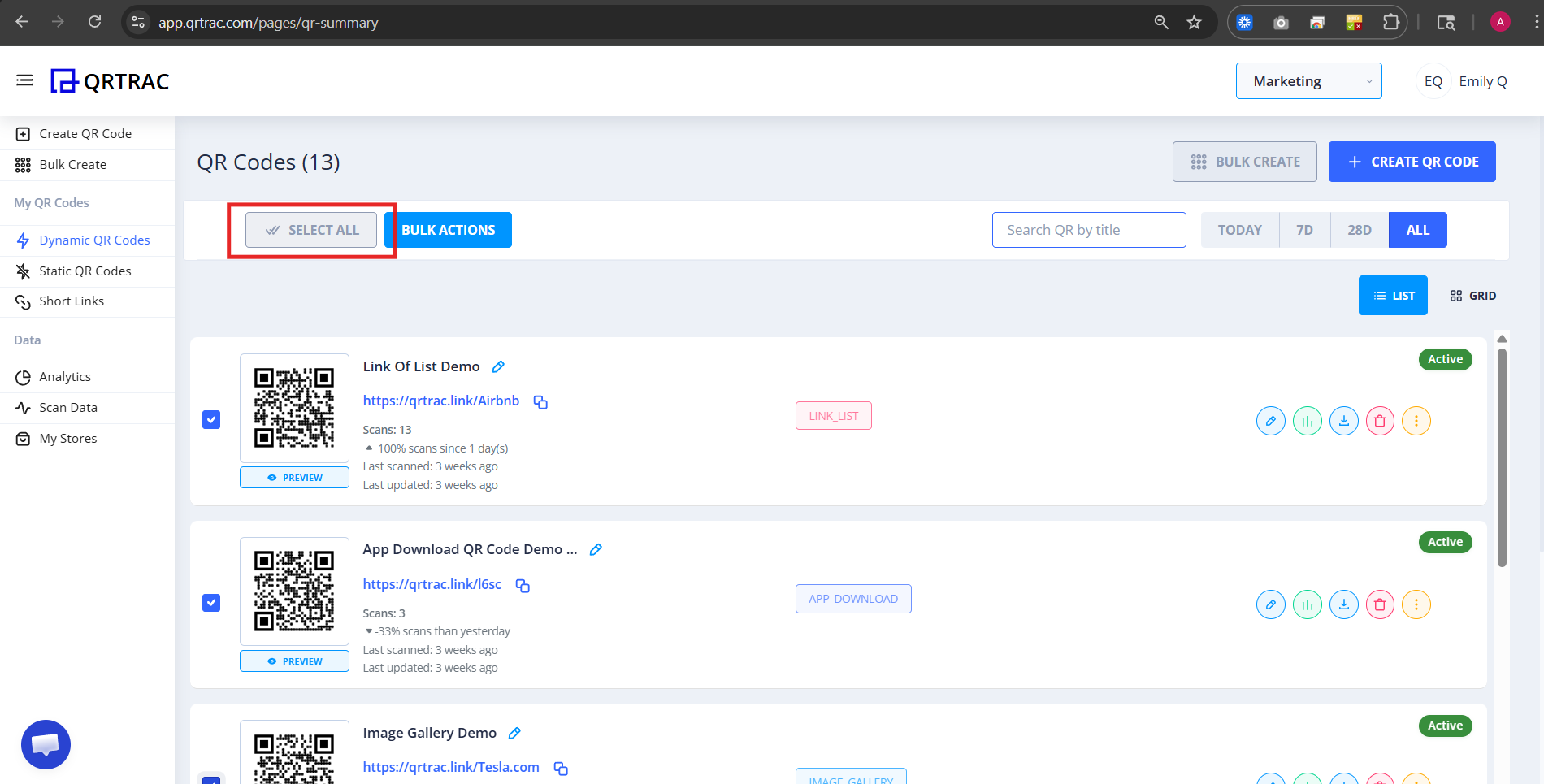 QR codes list with multiple QR codes selected using checkboxes