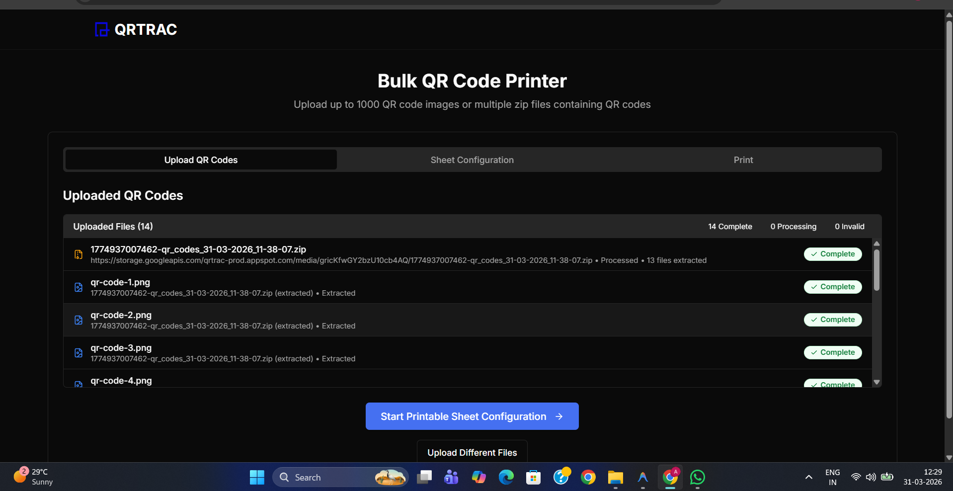 Bulk QR Code Printer upload screen showing extracted PNGs