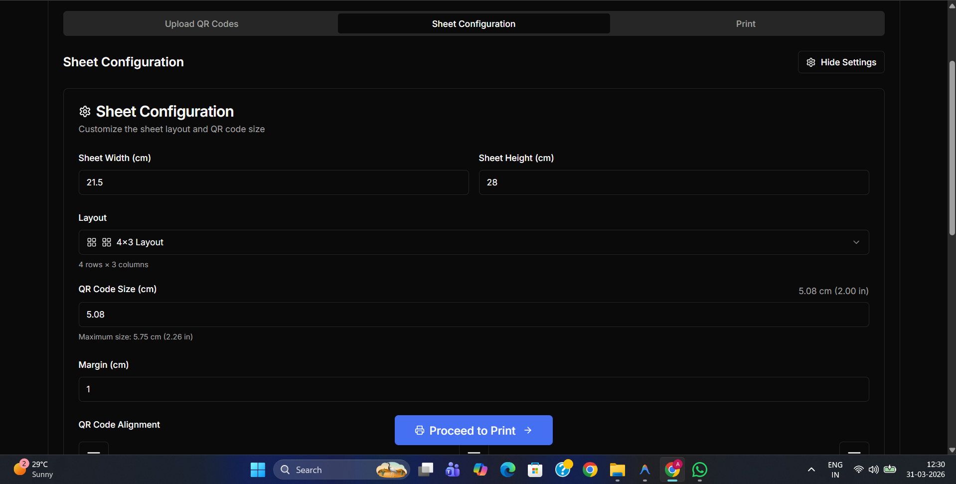 Sheet Configuration panel showing layout and size settings