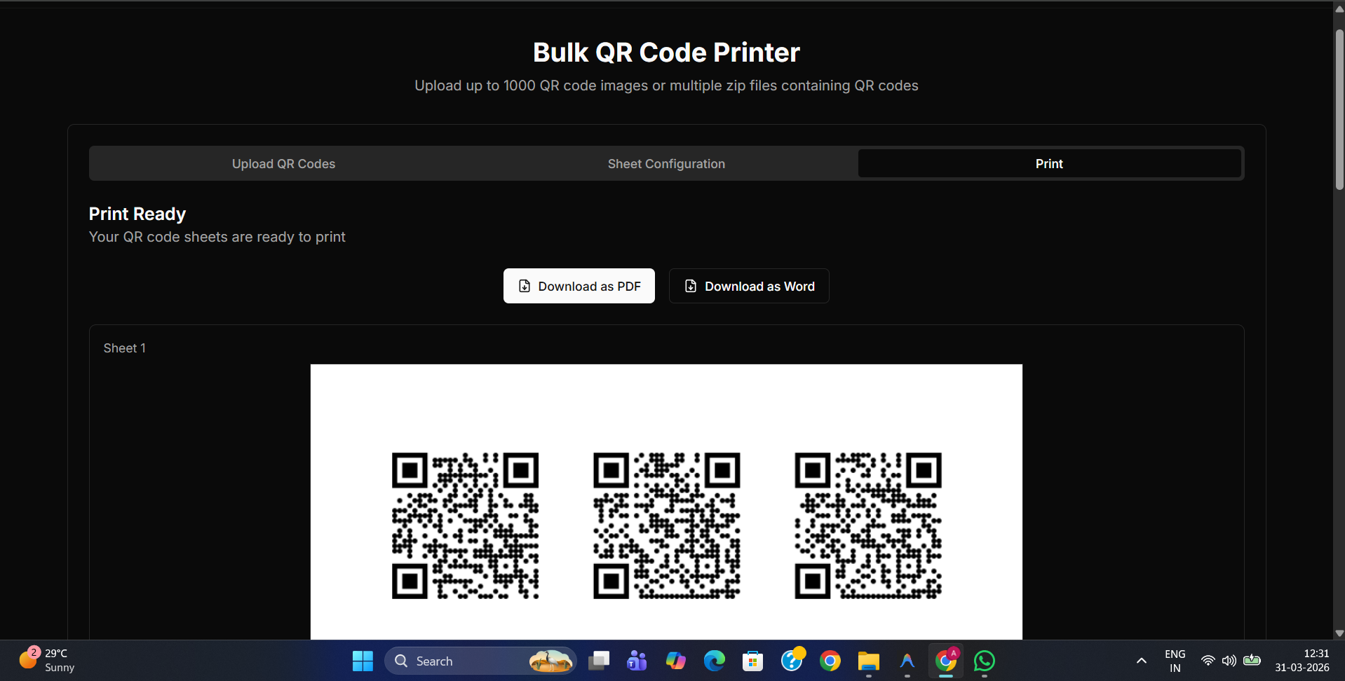 Final printable sheet preview with PDF and Word download buttons