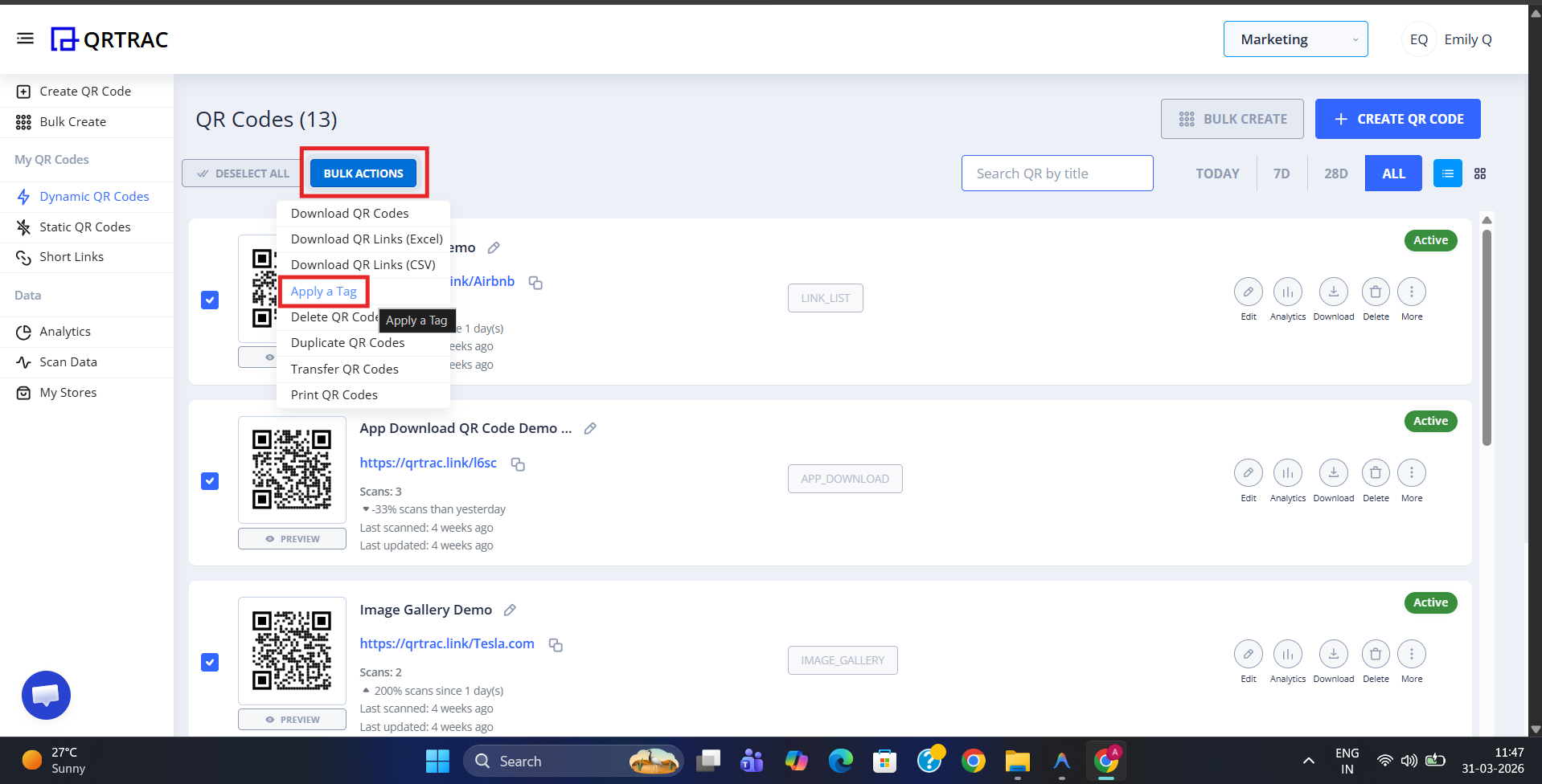 Bulk Actions dropdown menu open with Apply a Tag option