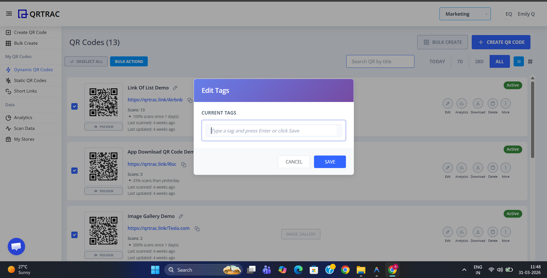 Tag input popup showing where to type or select tags