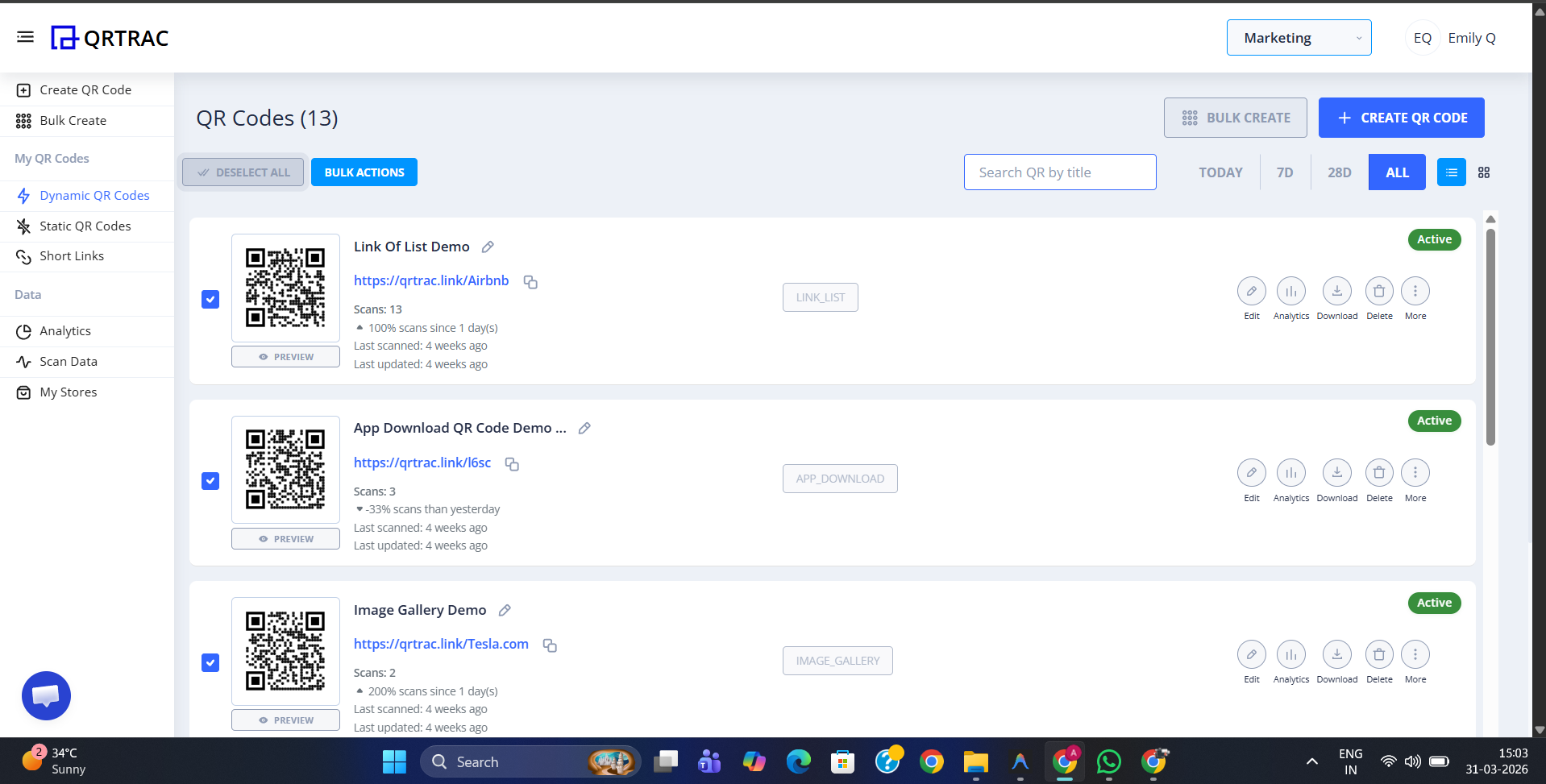 Dashboard showing multiple QR codes selected with checkboxes