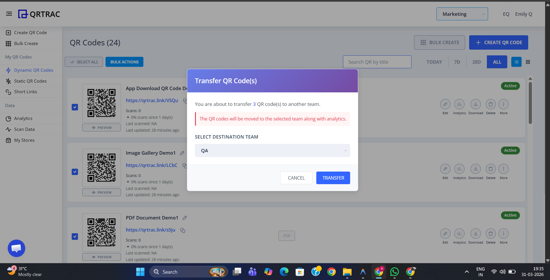 Transfer dialog box showing where to enter the recipient's email address