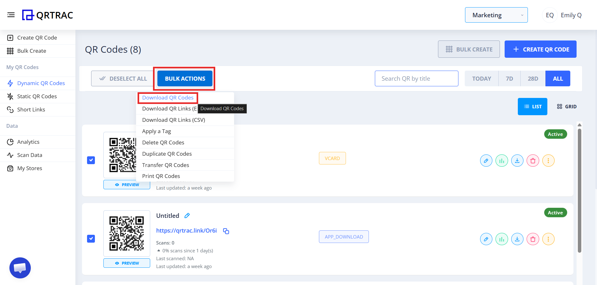 Bulk actions dropdown menu