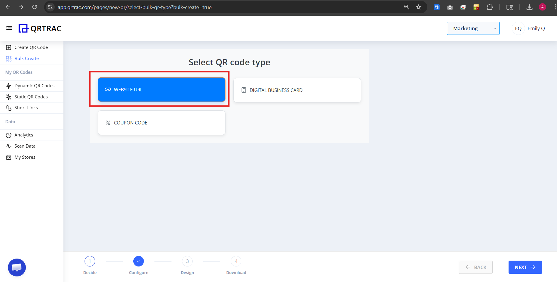 Bulk Website URL type selected