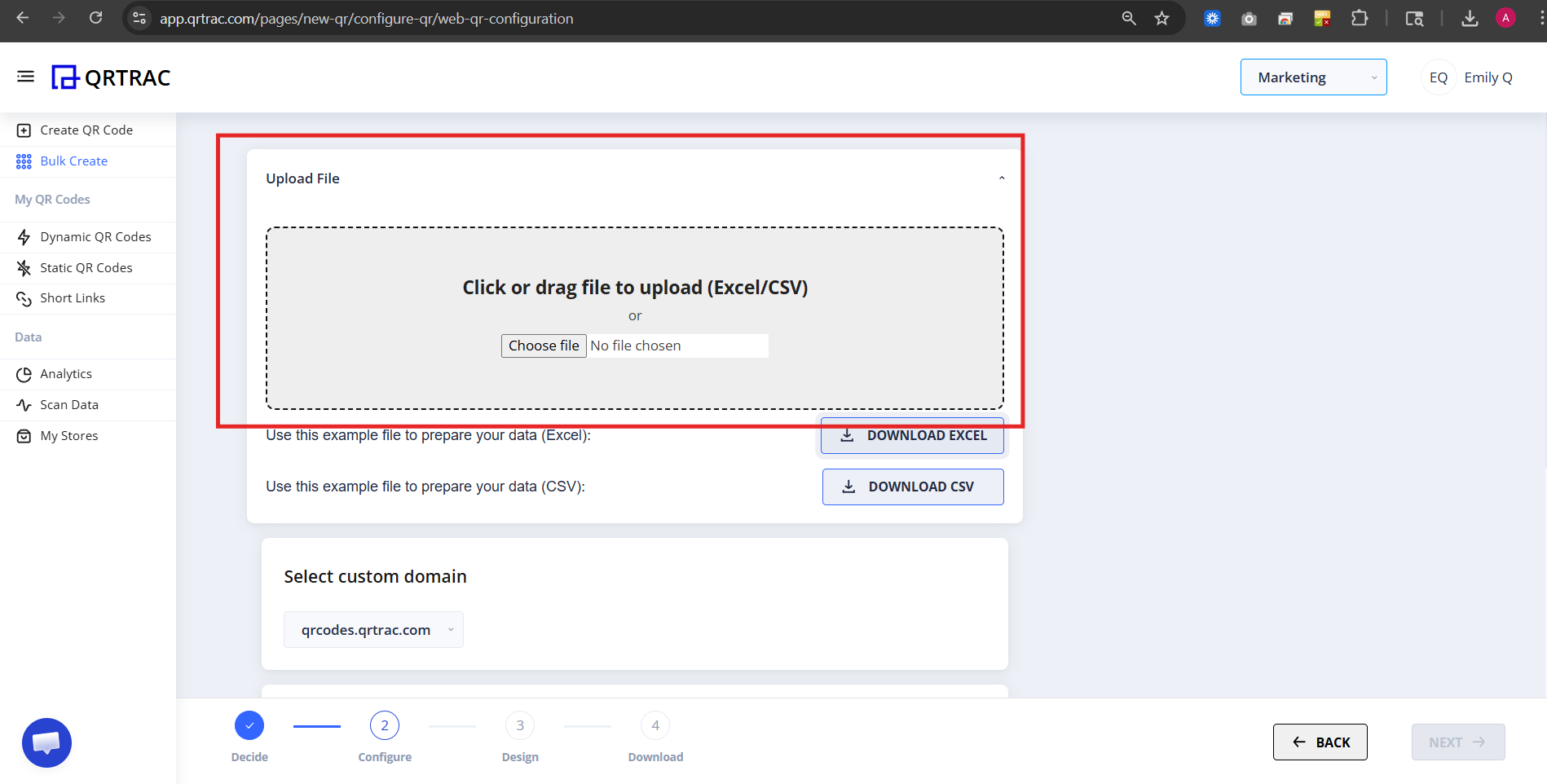 Upload Excel file screen