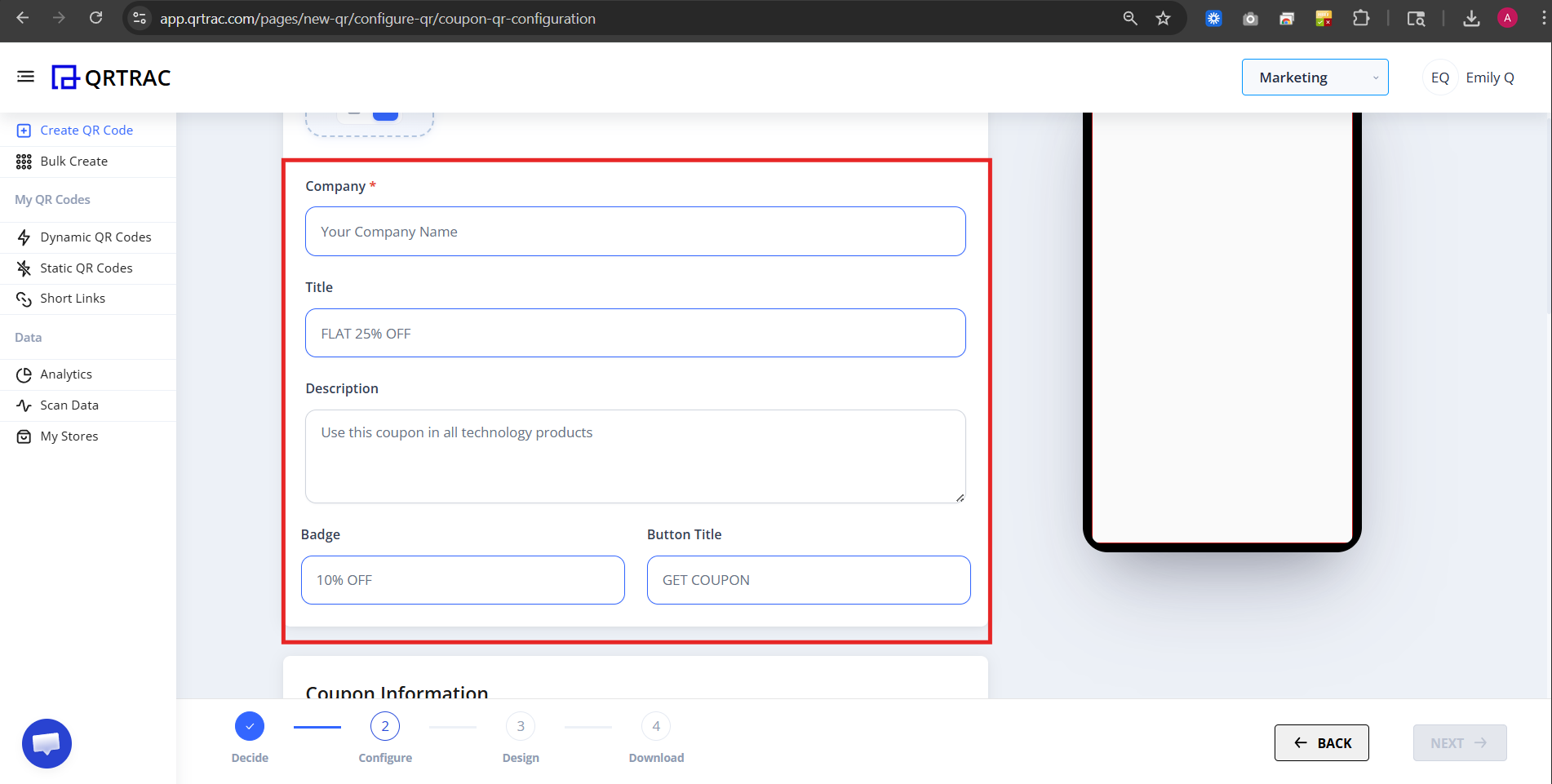 Coupon title, description, badge and button text fields