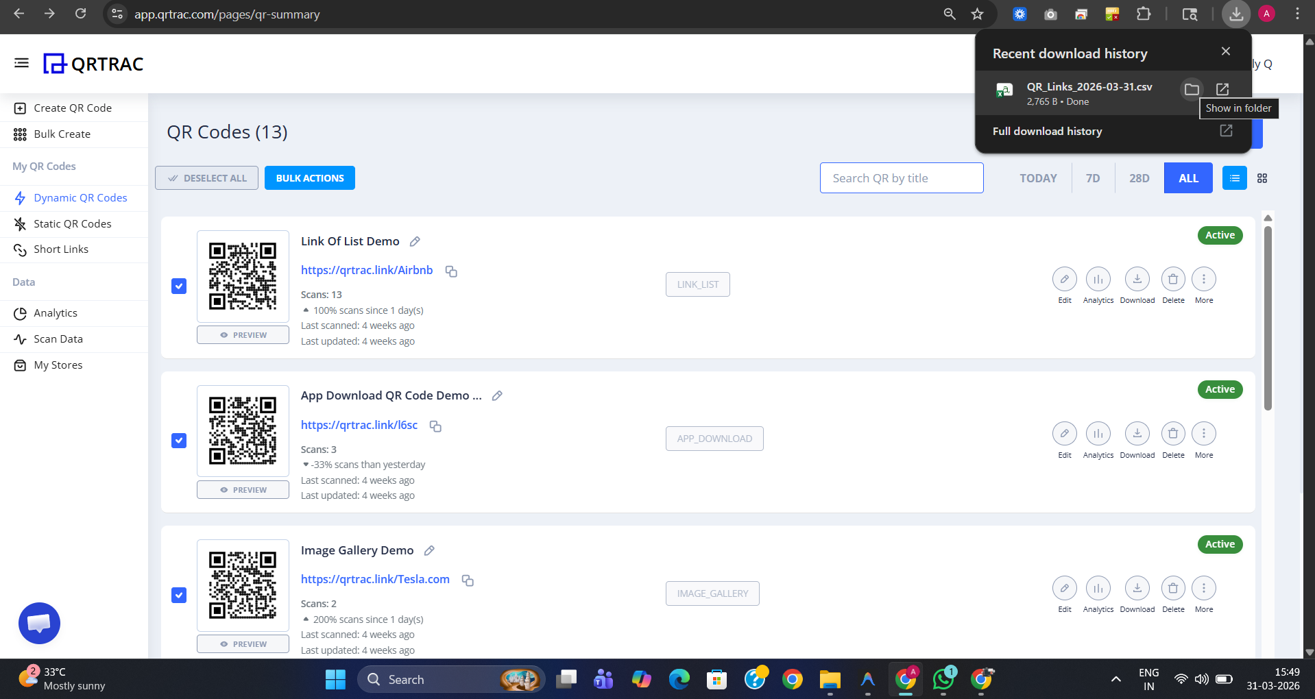 Browser download bar showing CSV file being saved