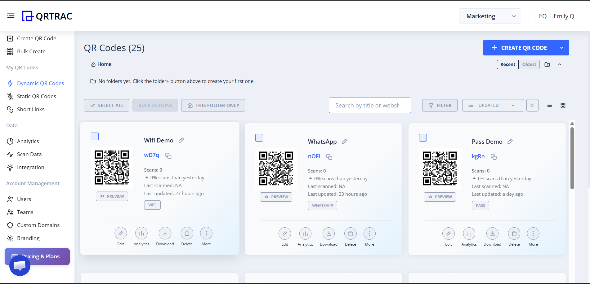 QRTRAC Dashboard showing editable QR code destination link