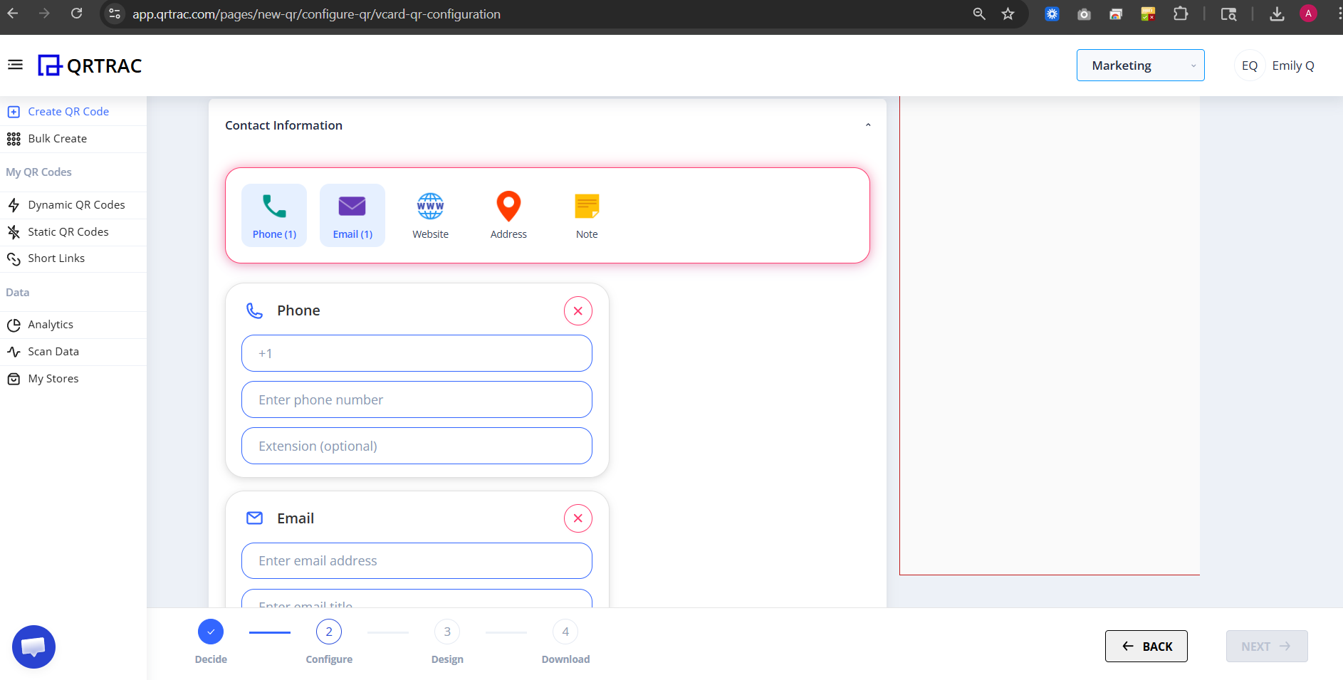Contact Information section with phone, email, website and address fields