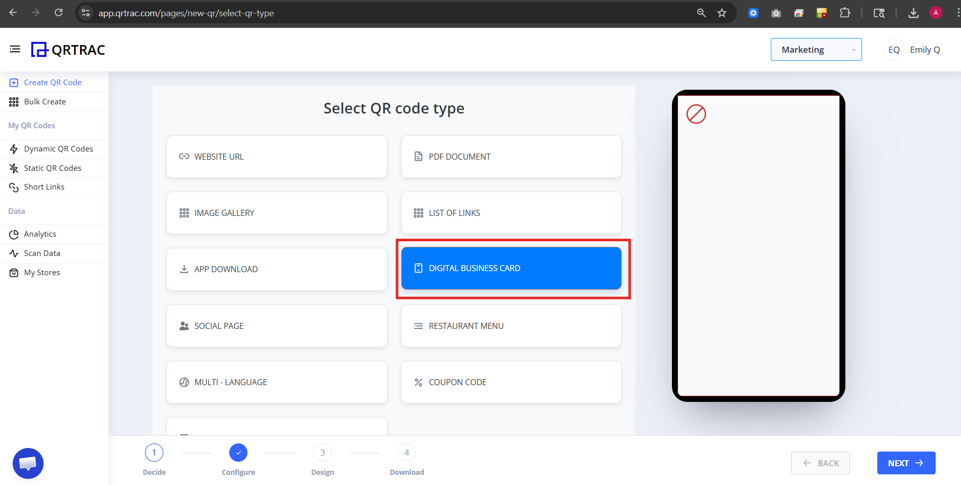 QR code type selection screen with Digital Business Card highlighted