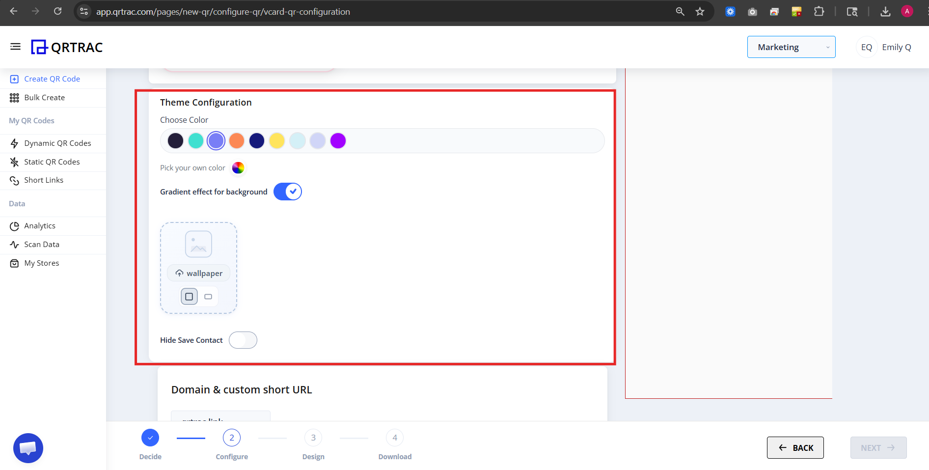 Theme Configuration section with color picker, gradient and wallpaper options
