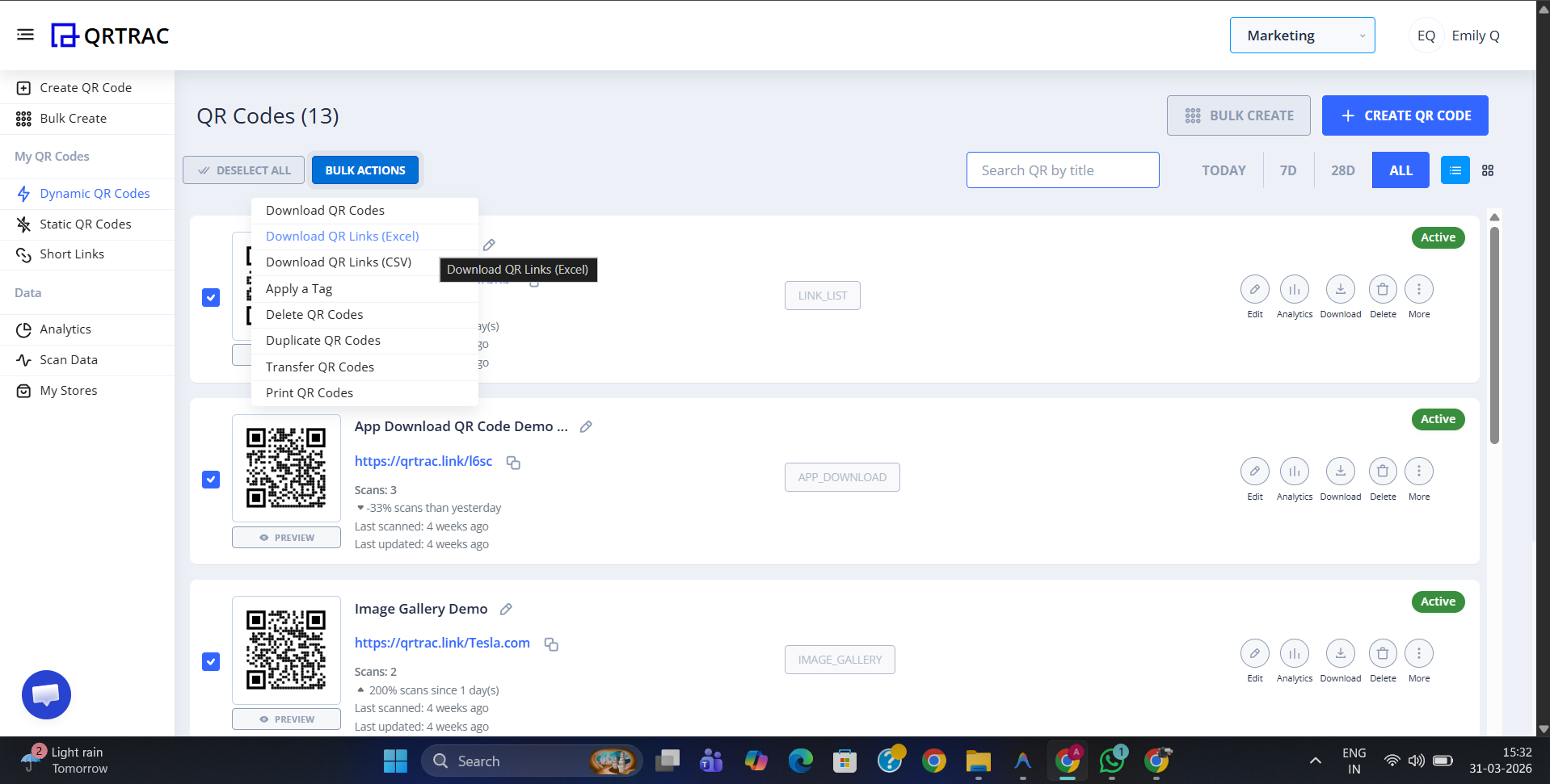 Bulk Actions dropdown menu open with Download QR Links Excel option