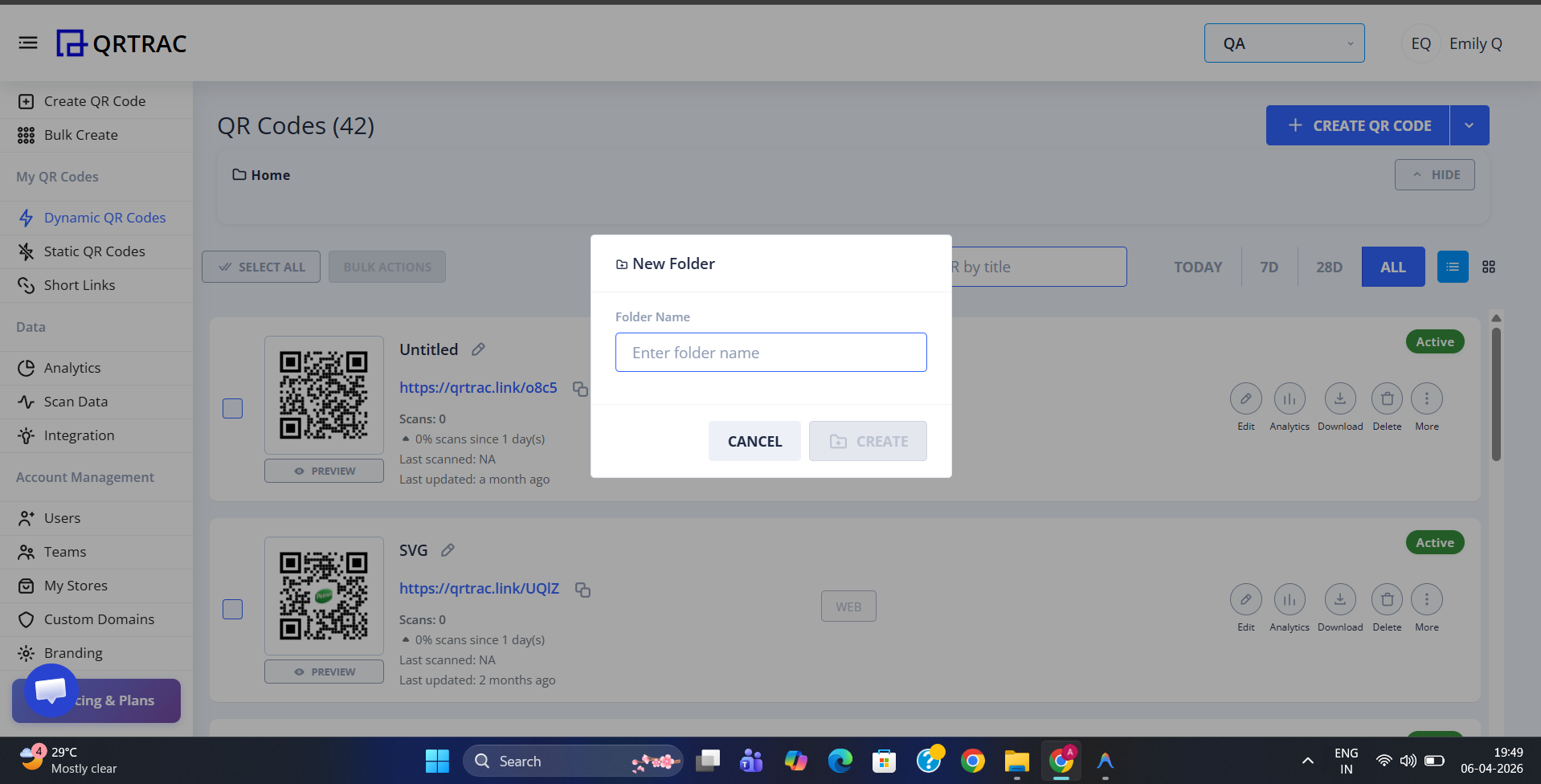 New Folder dialog box with a Folder Name input field and Cancel and Create buttons