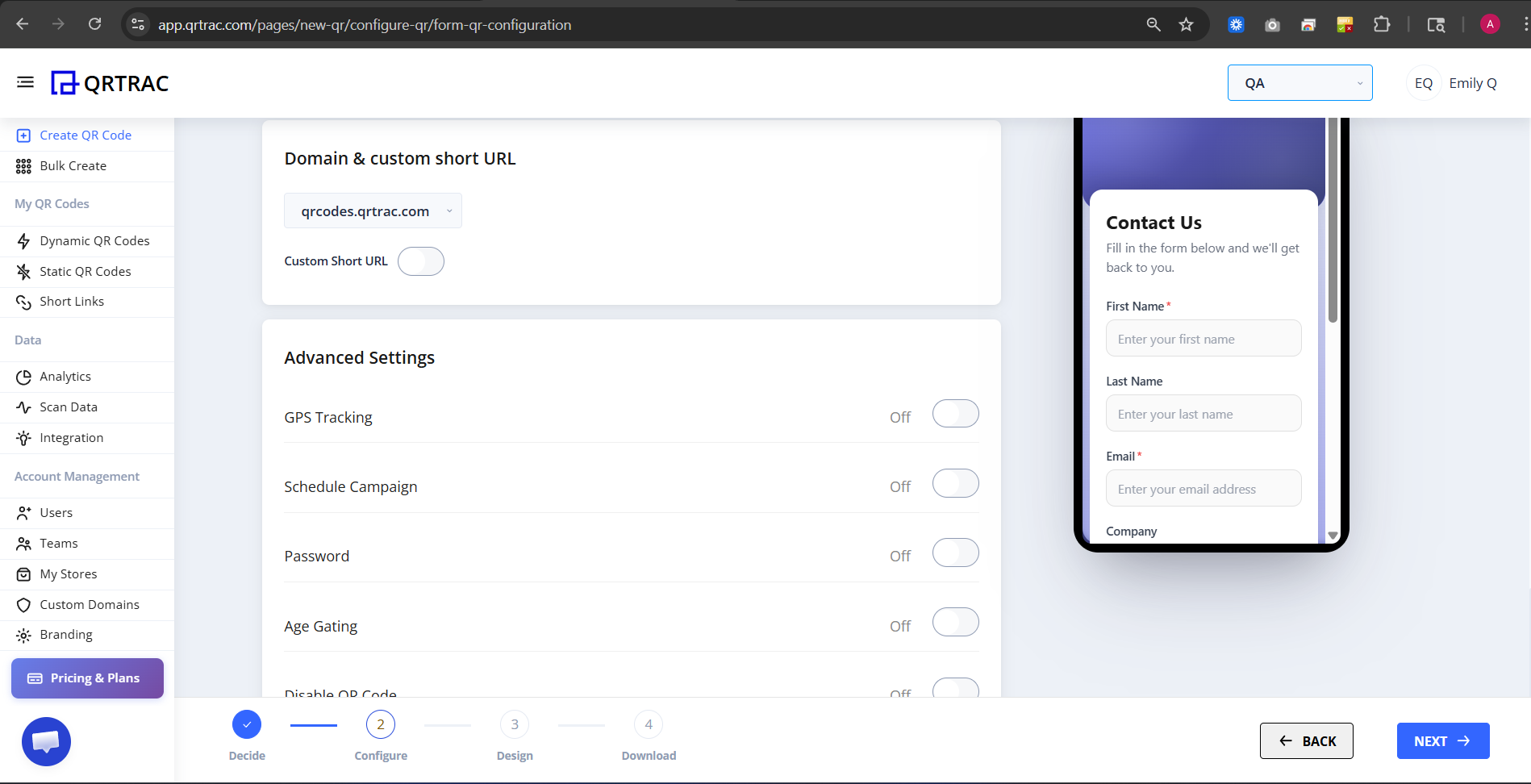 Domain and custom short URL configuration section